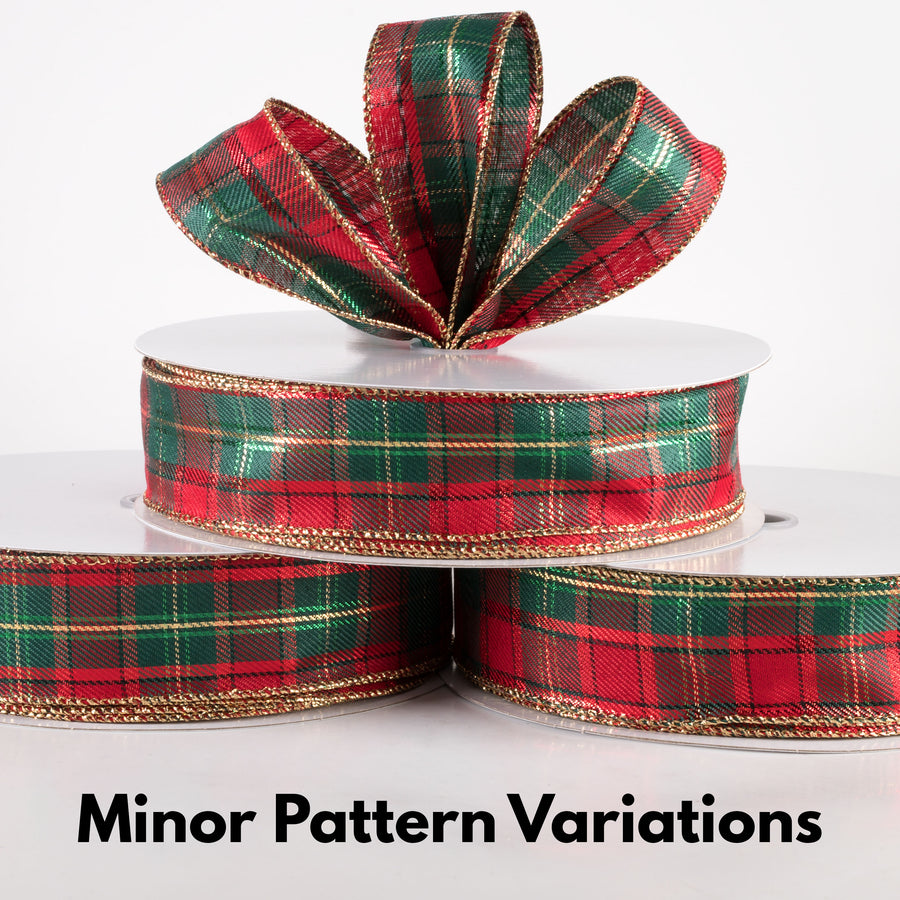 1.5" Metallic Henry Plaid Ribbon: Red, Hunter Green & Gold (50 Yards)