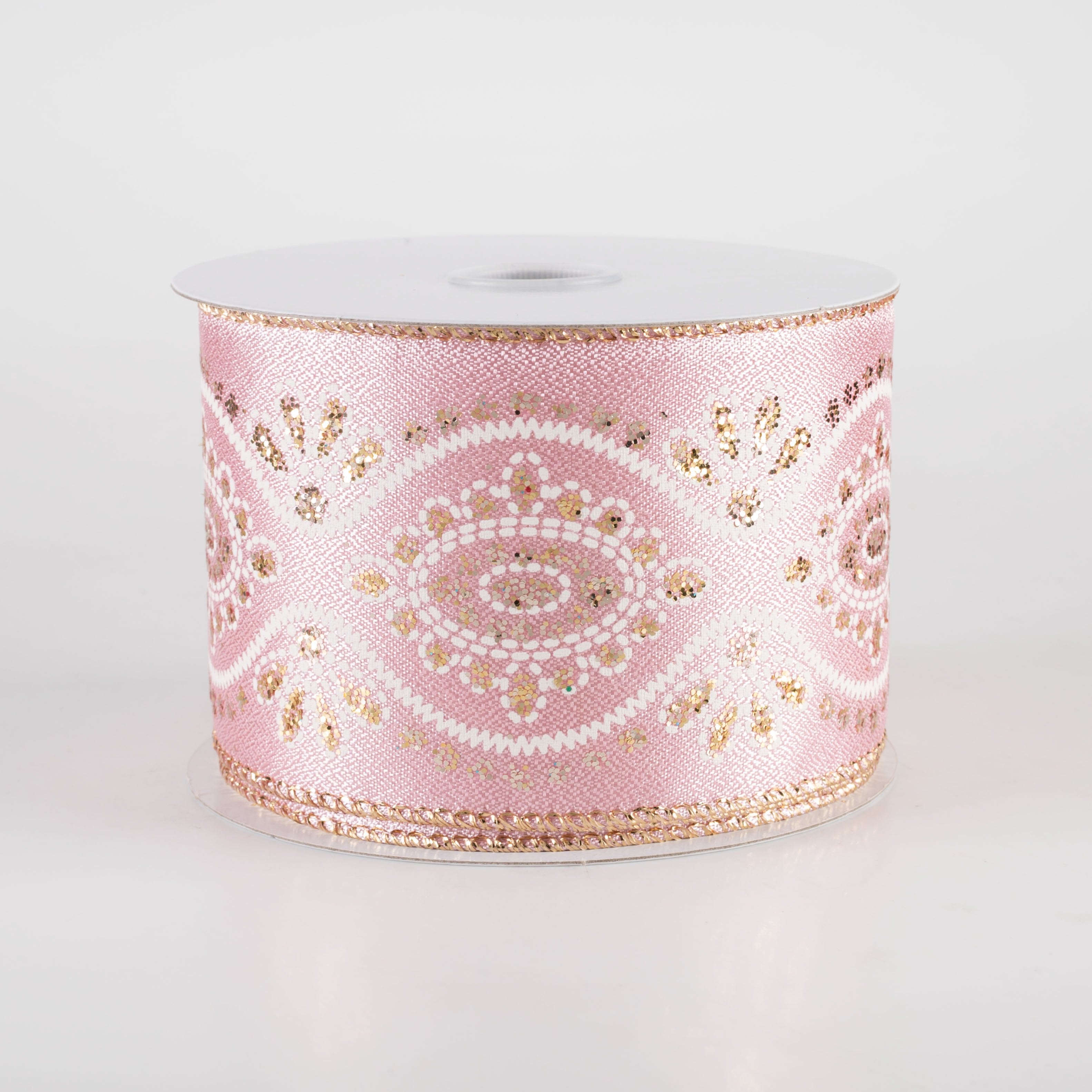 2.5" Metallic Satin Big Damask Ribbon: Mauve Pink, Cream & Gold (10 Yards)