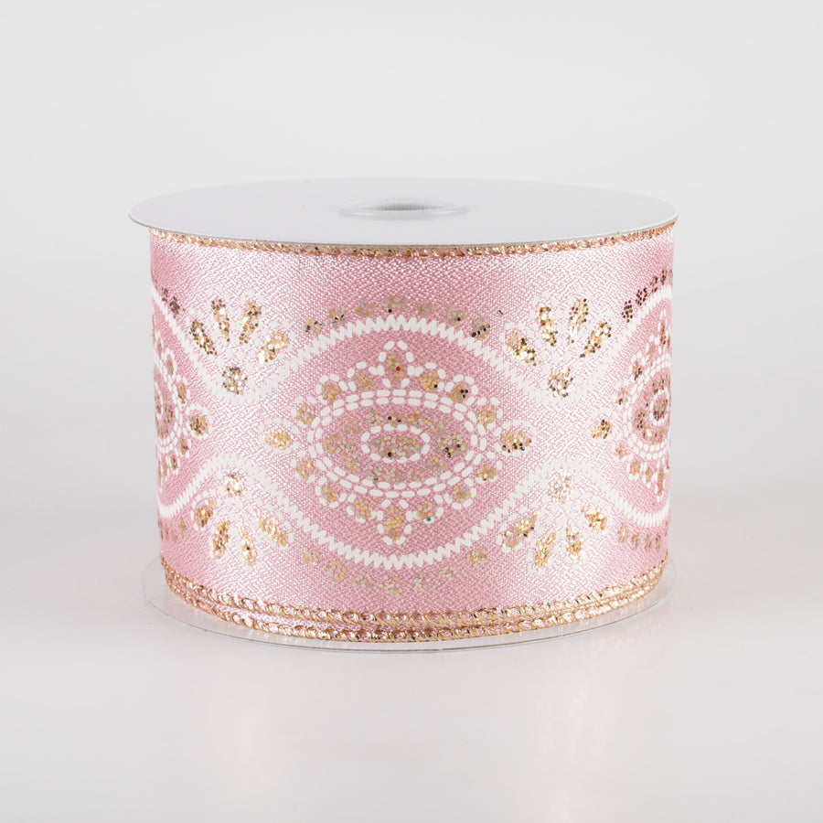 2.5" Metallic Satin Big Damask Ribbon: Mauve Pink, Cream & Gold (10 Yards)
