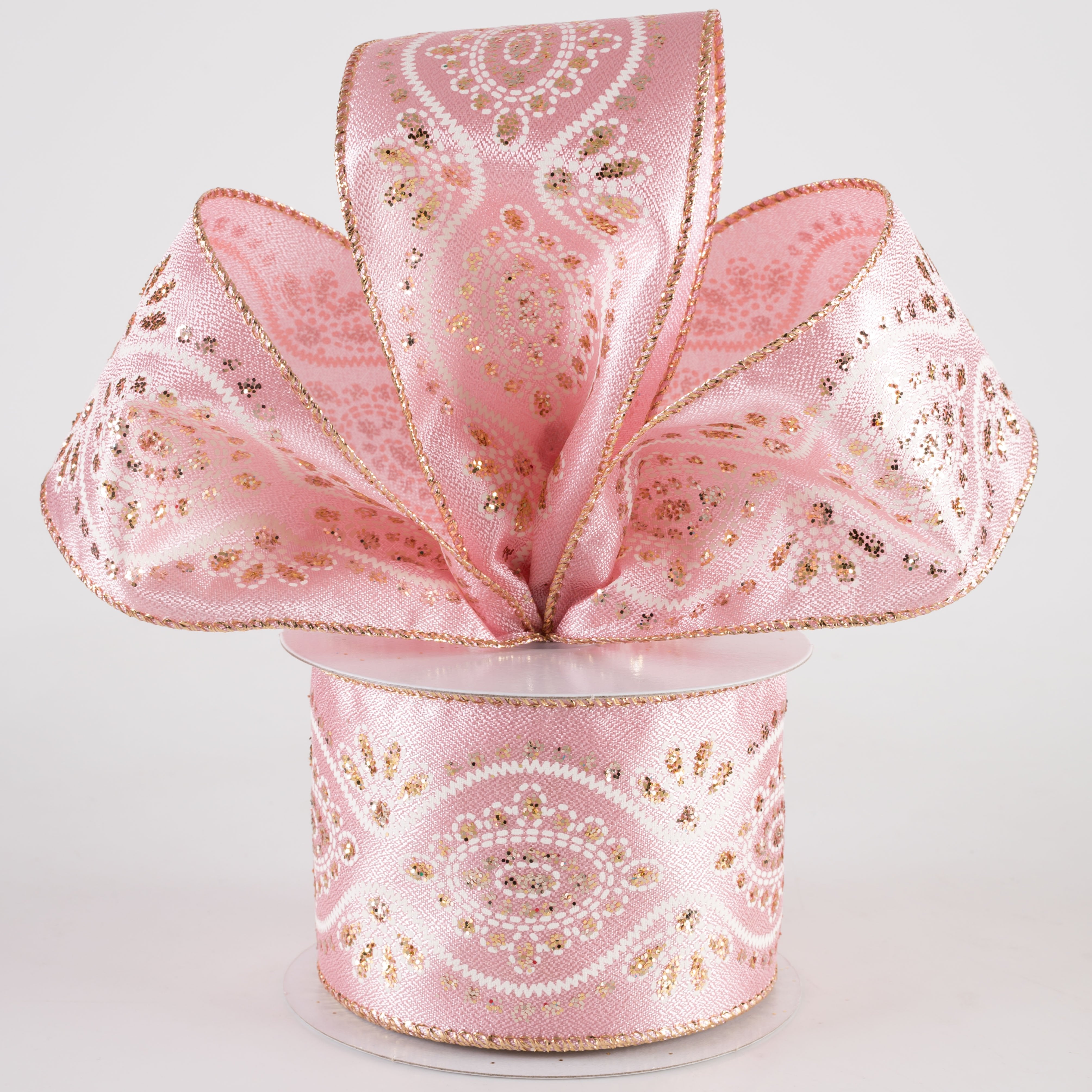 2.5" Metallic Satin Big Damask Ribbon: Mauve Pink, Cream & Gold (10 Yards)