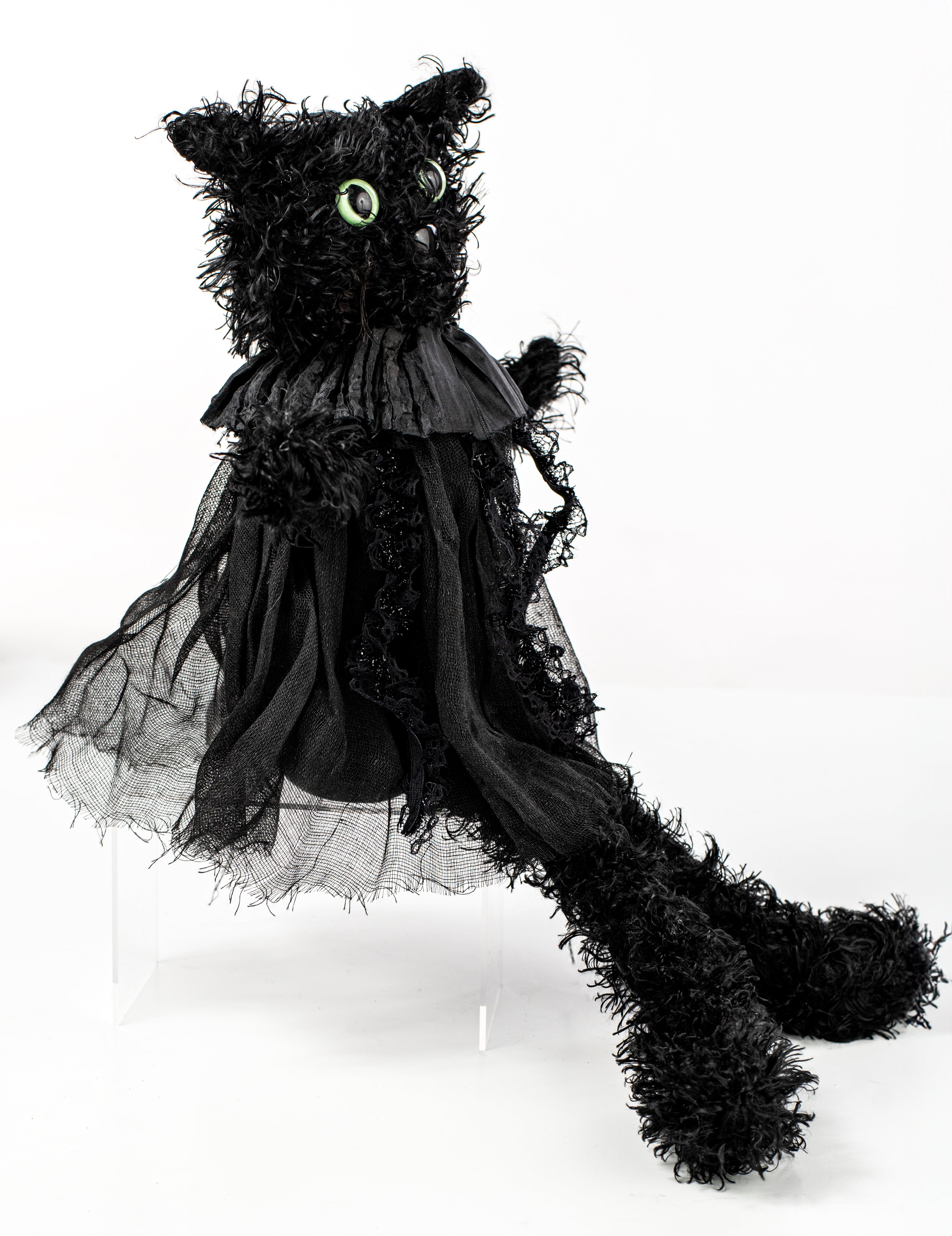 18" Furry Fabric Black Cat Sitter