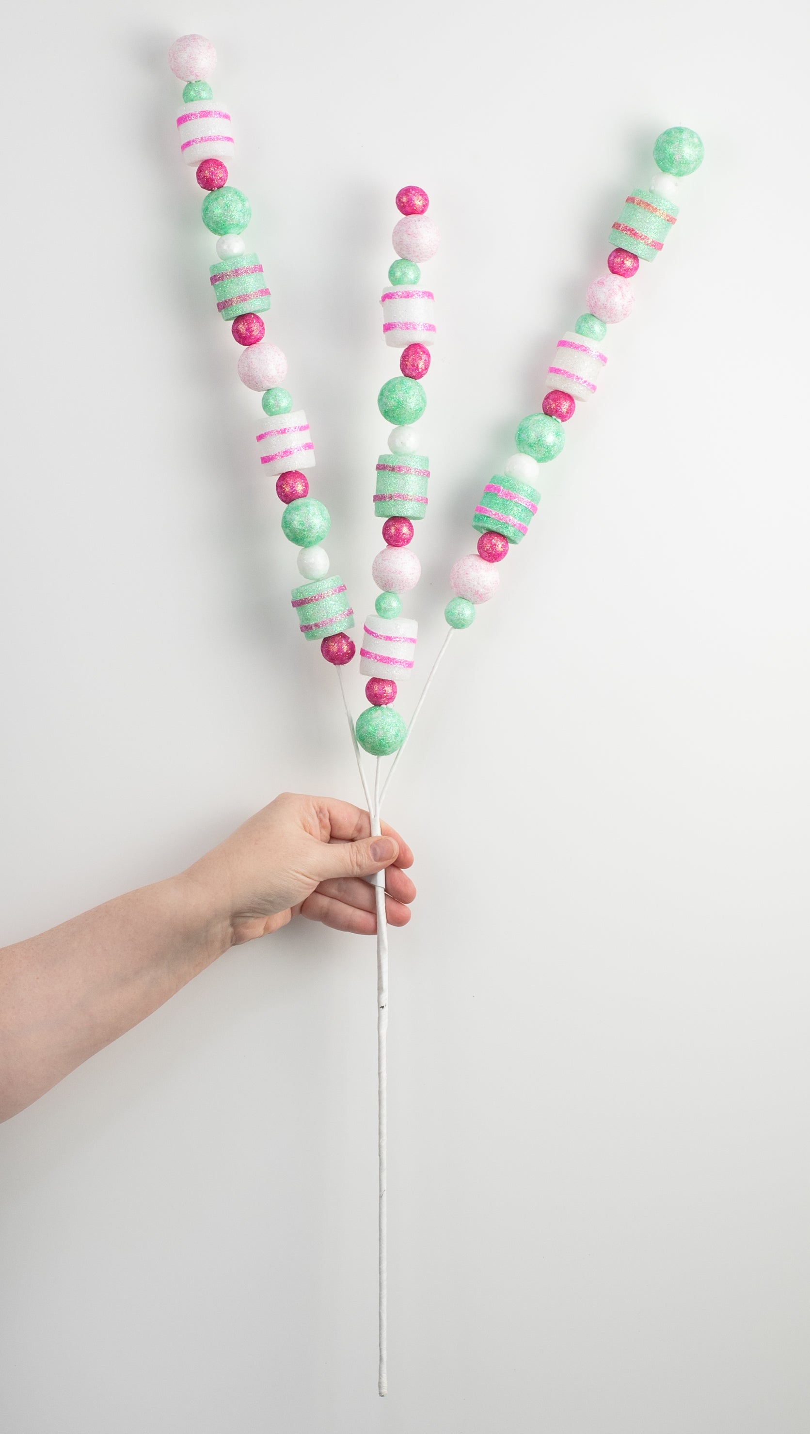 31" Glittered Balls & Striped Cylinders Spray: Pink & Green