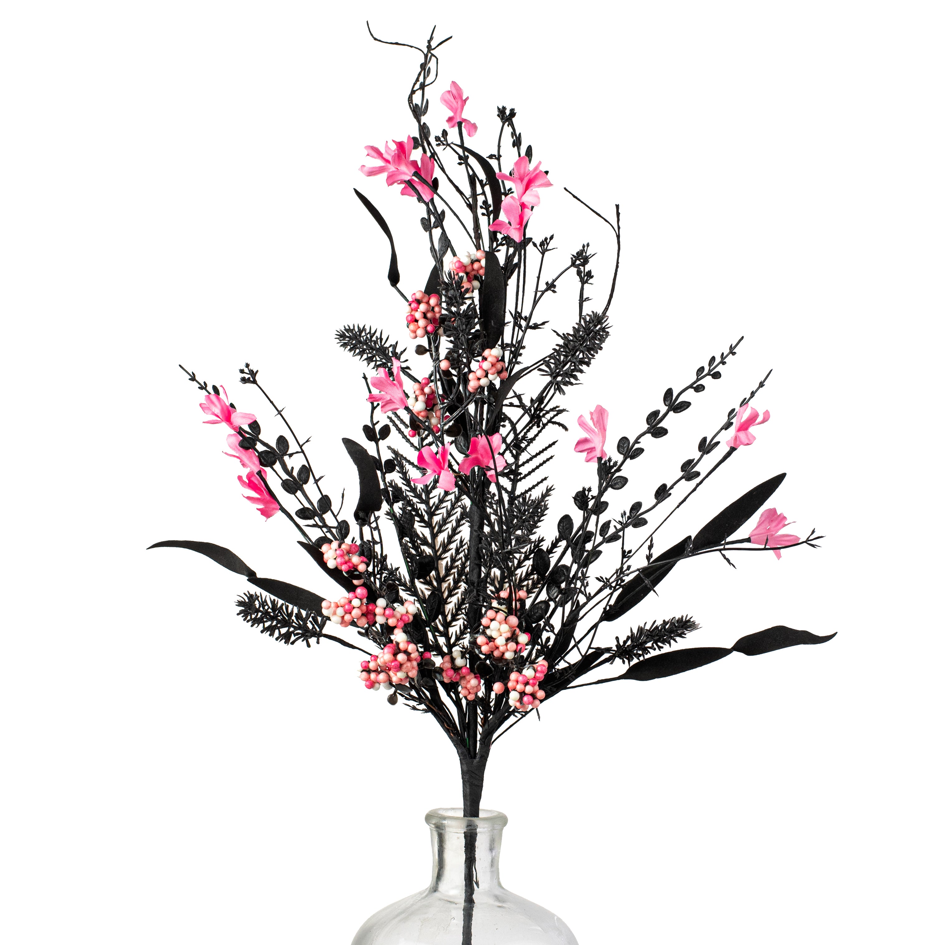 24" Fabric Flower, Leaf, Berry Spray: Black & Hot Pink