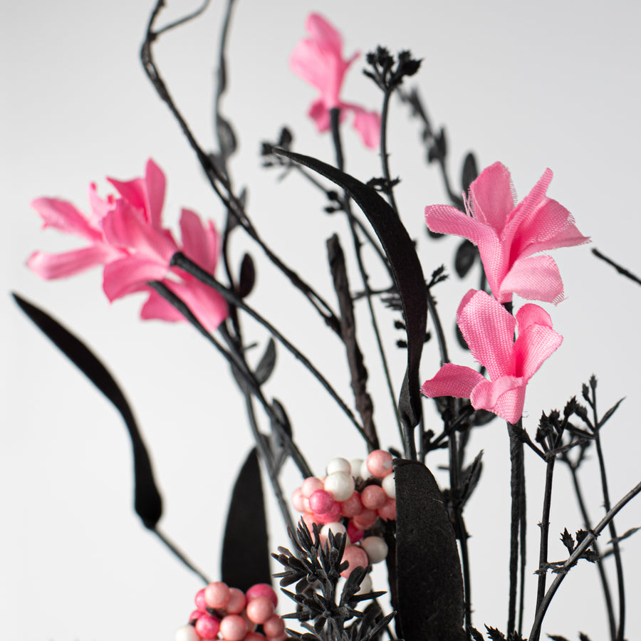 24" Fabric Flower, Leaf, Berry Spray: Black & Hot Pink