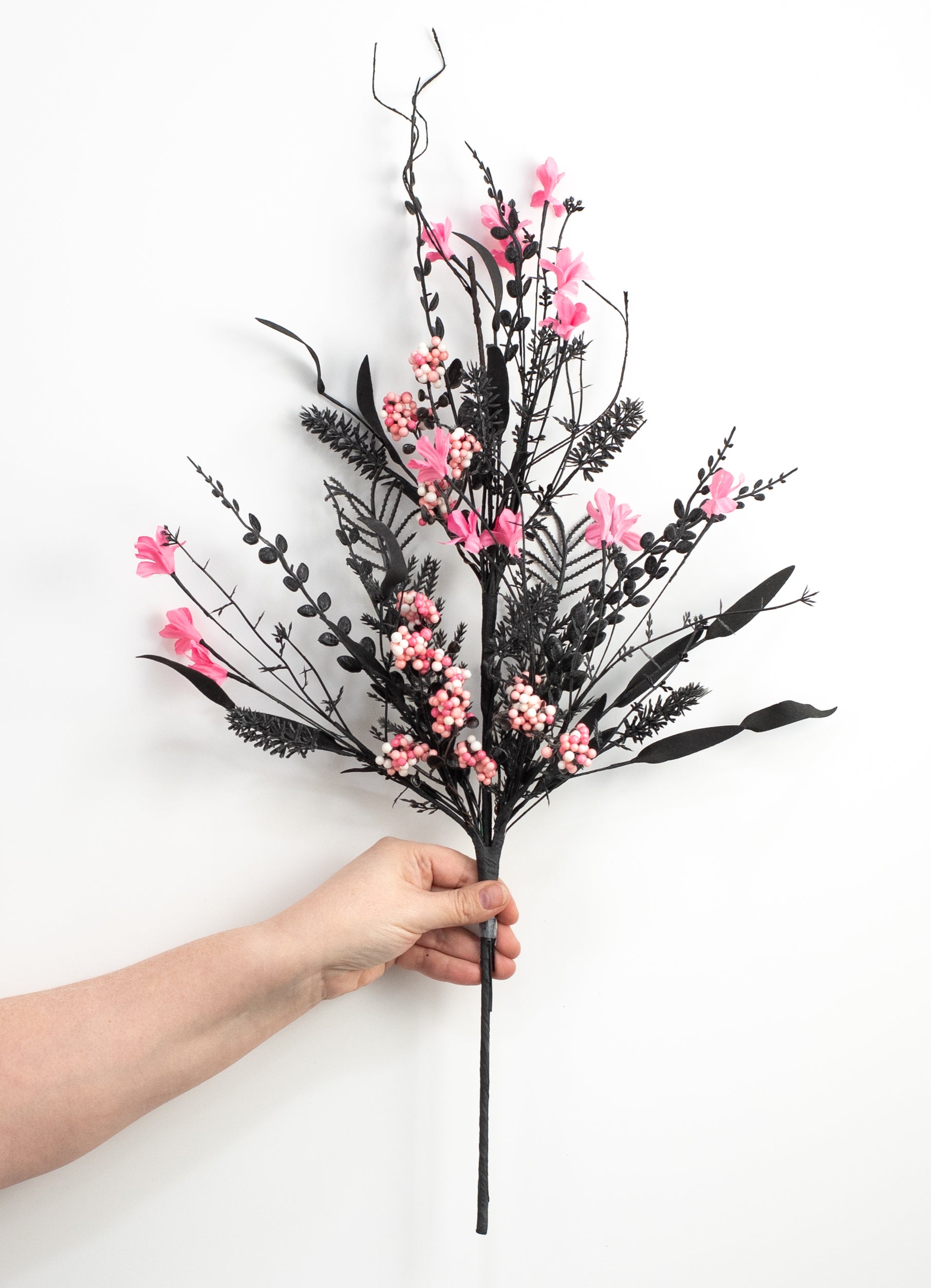 24" Fabric Flower, Leaf, Berry Spray: Black & Hot Pink
