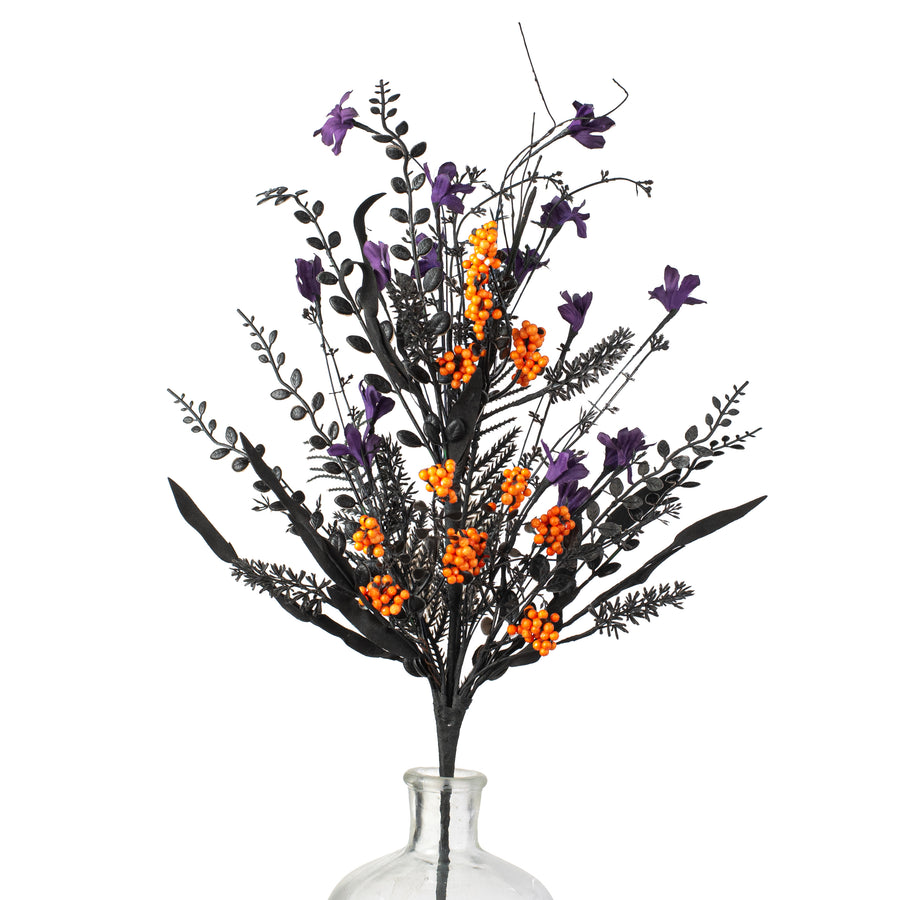 24" Fabric Flower, Leaf, Berry Spray: Purple, Orange & Black