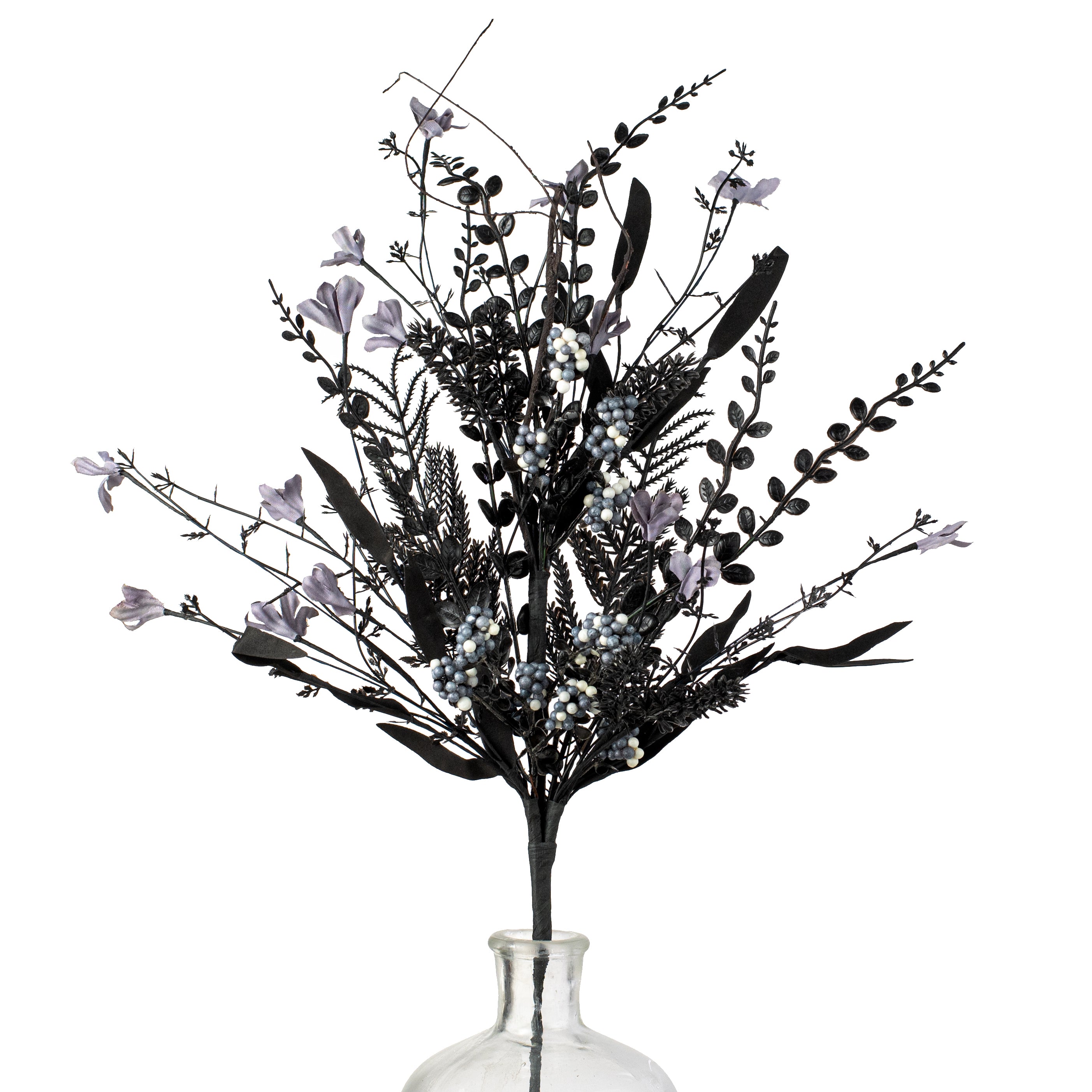 24" Fabric Flower, Leaf, Berry Spray: Black & Grey