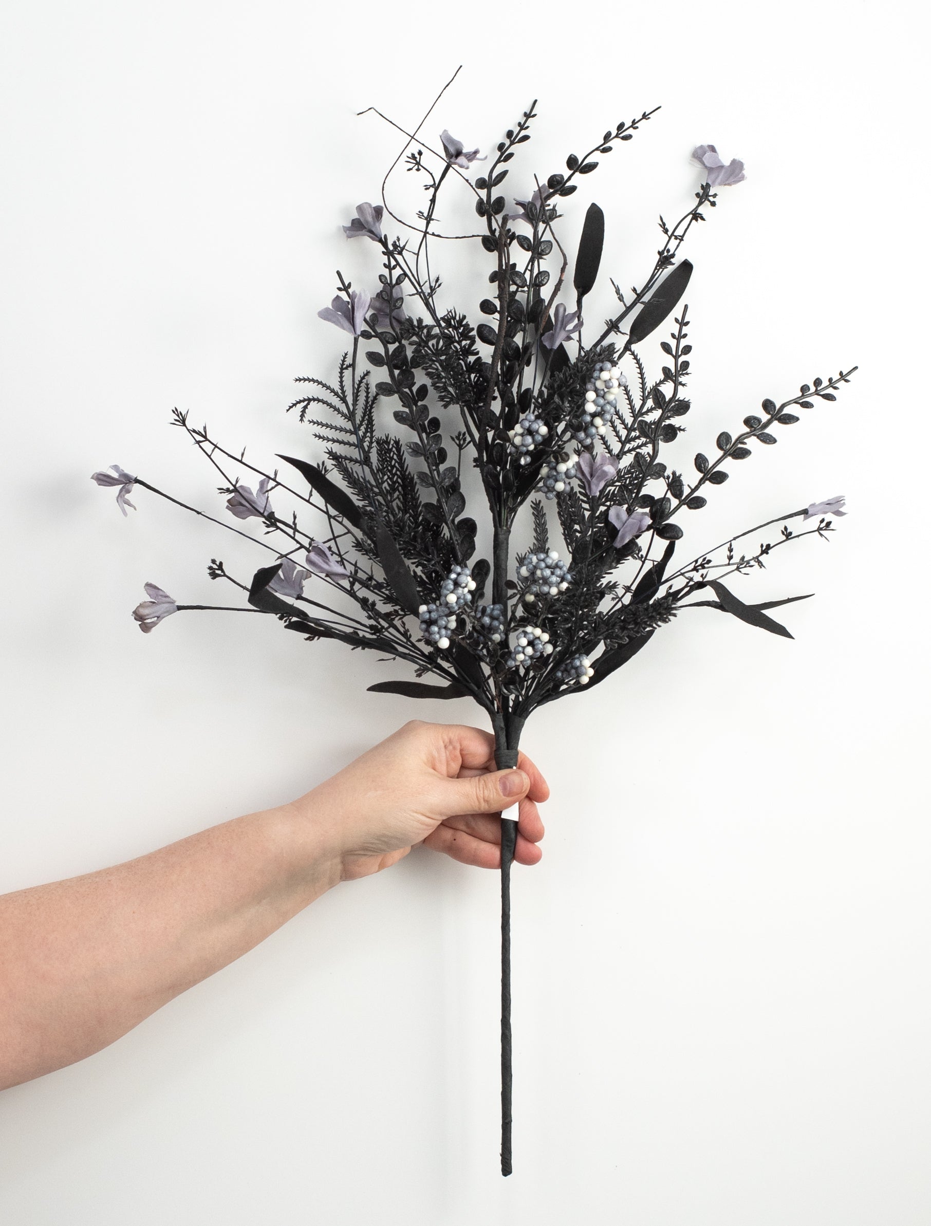 24" Fabric Flower, Leaf, Berry Spray: Black & Grey