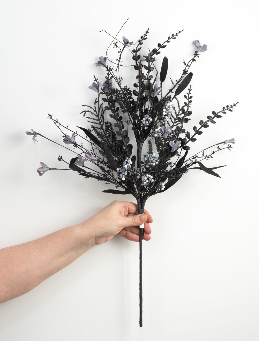 24" Fabric Flower, Leaf, Berry Spray: Black & Grey