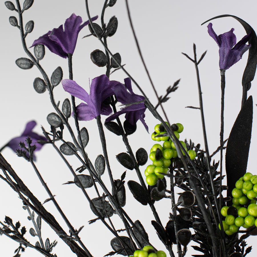 24" Fabric Flower, Leaf, Berry Spray: Purple, Lime Green & Black