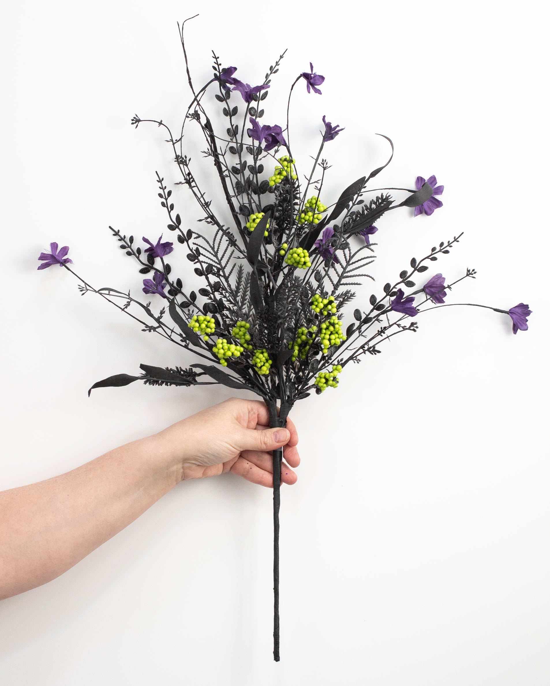 24" Fabric Flower, Leaf, Berry Spray: Purple, Lime Green & Black
