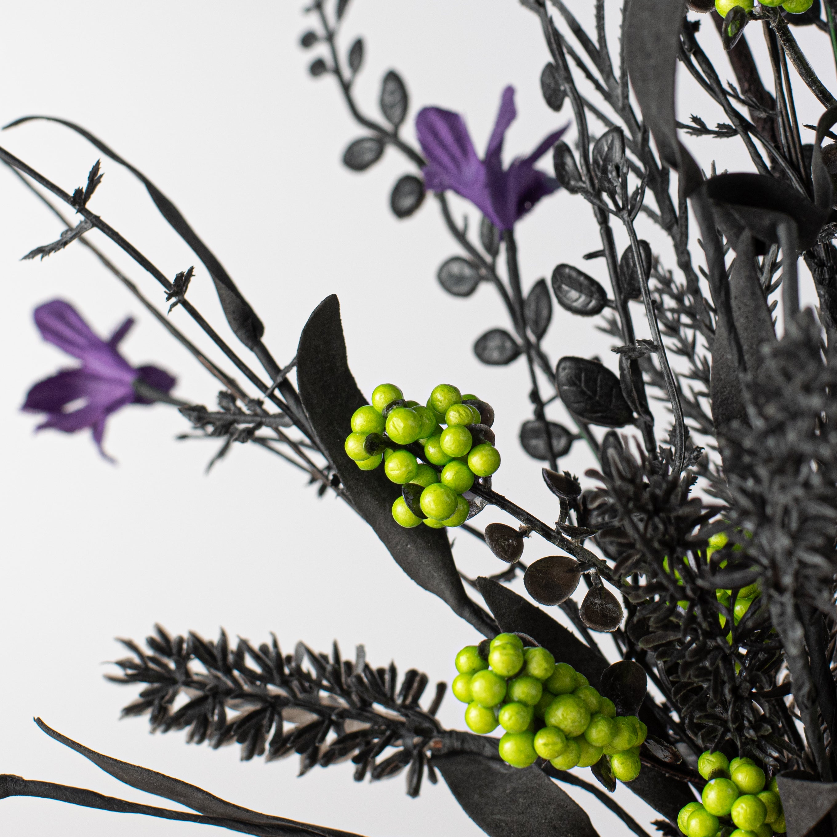 24" Fabric Flower, Leaf, Berry Spray: Purple, Lime Green & Black