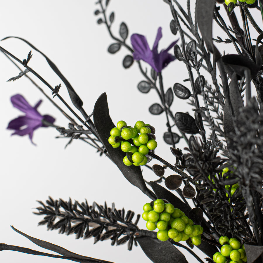 24" Fabric Flower, Leaf, Berry Spray: Purple, Lime Green & Black