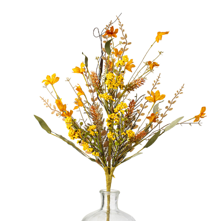 24" Fabric Flower, Leaf, Berry Spray: Mustard Yellow