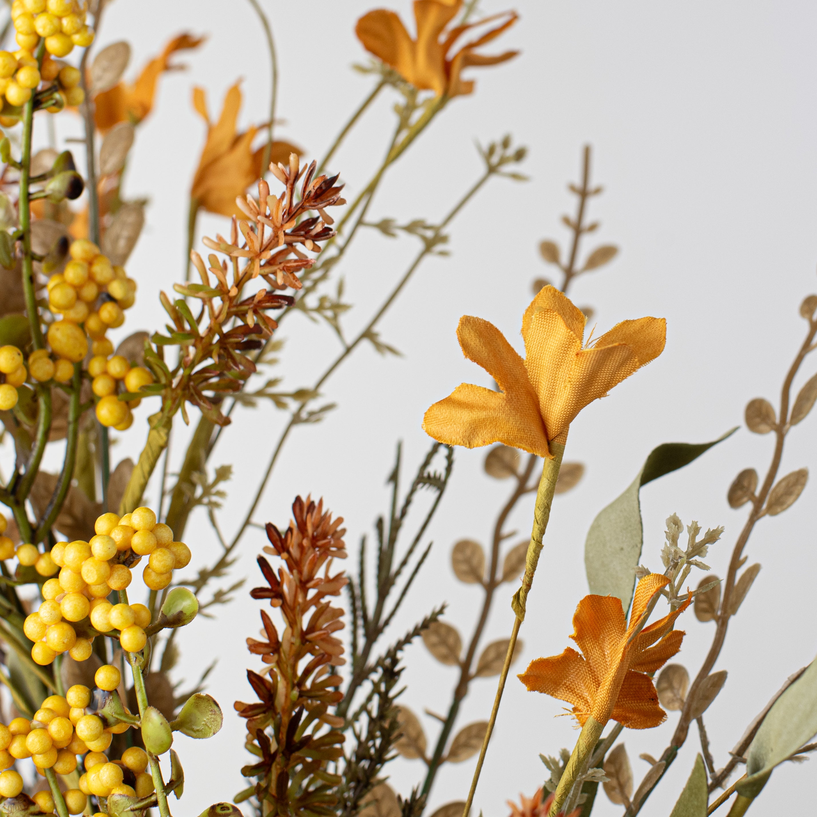24" Fabric Flower, Leaf, Berry Spray: Mustard Yellow