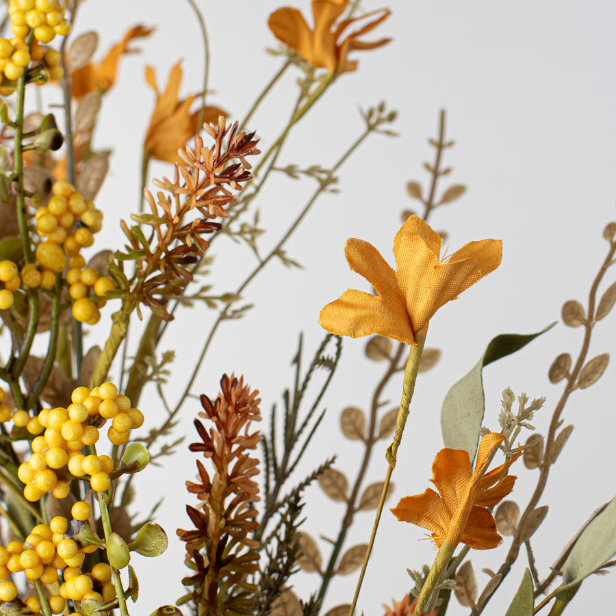 24" Fabric Flower, Leaf, Berry Spray: Mustard Yellow