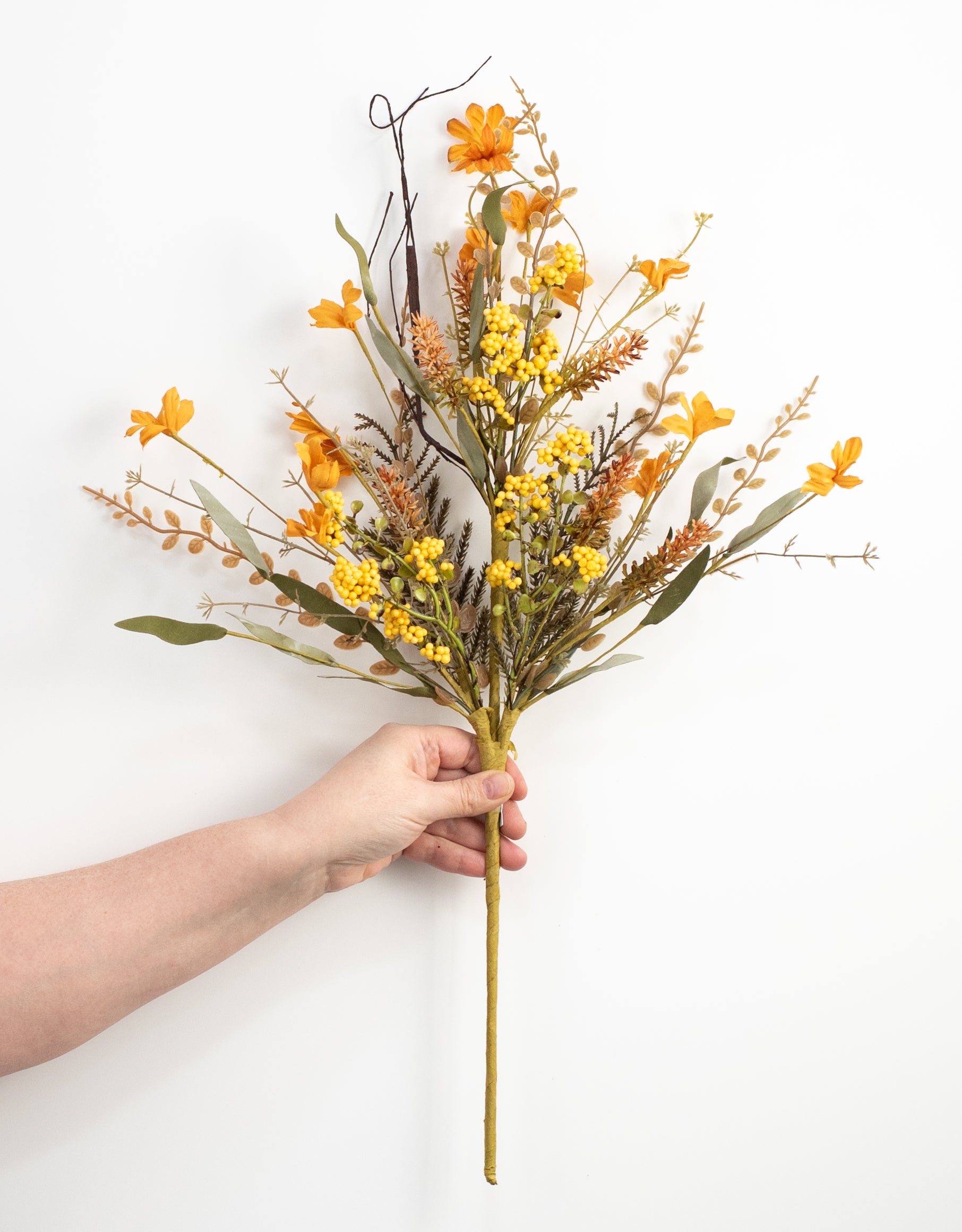 24" Fabric Flower, Leaf, Berry Spray: Mustard Yellow