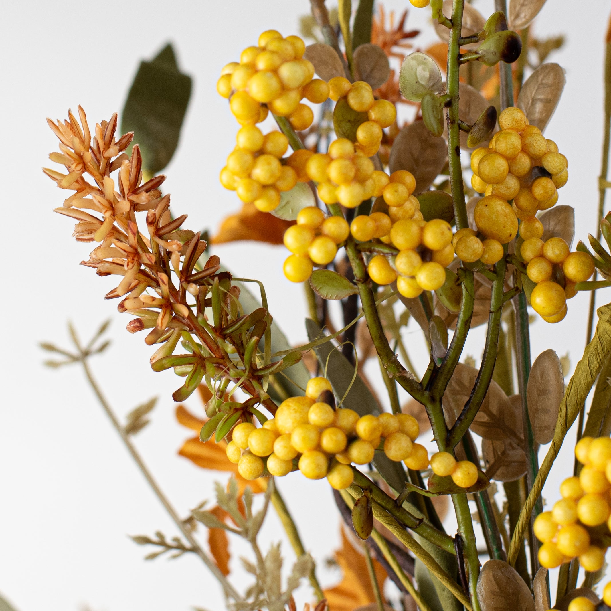 24" Fabric Flower, Leaf, Berry Spray: Mustard Yellow