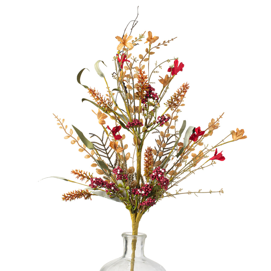 24" Fabric Flower, Leaf, Berry Spray: Cranberry Red