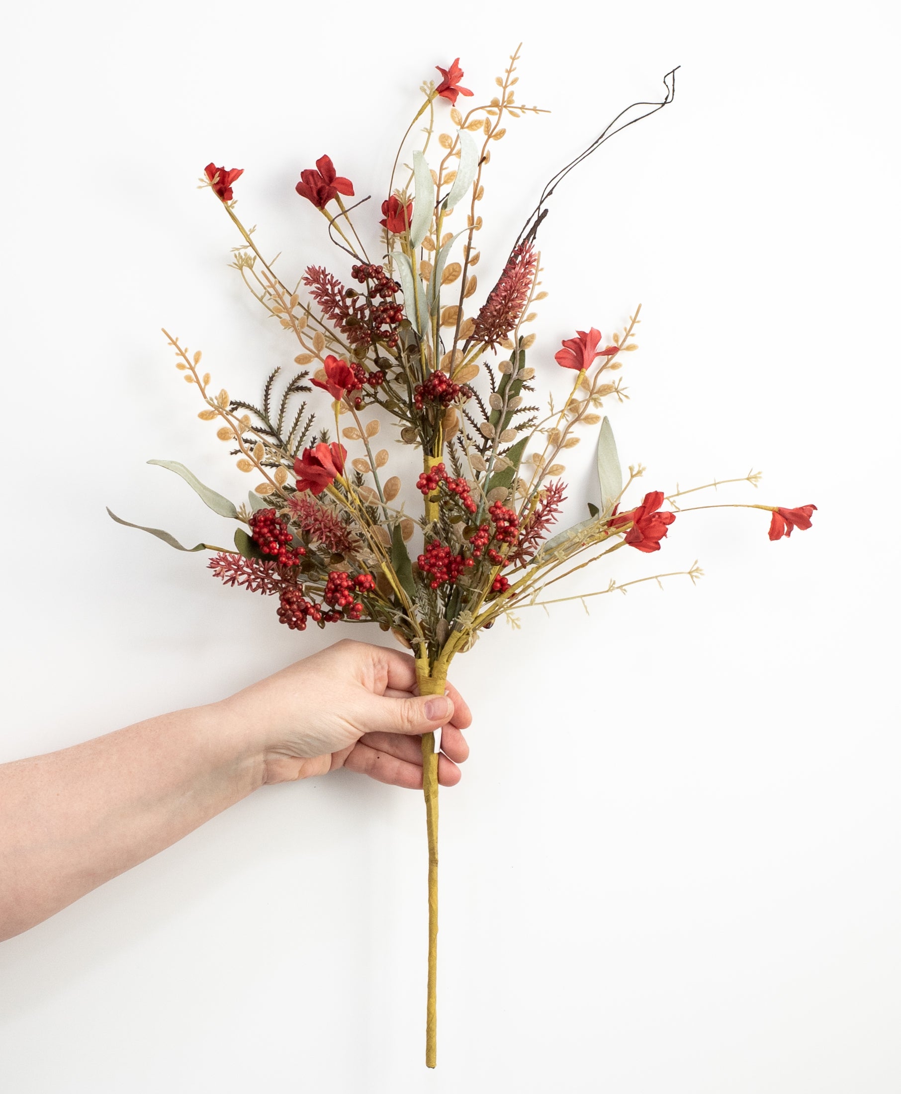 24" Fabric Flower, Leaf, Berry Spray: Cranberry Red