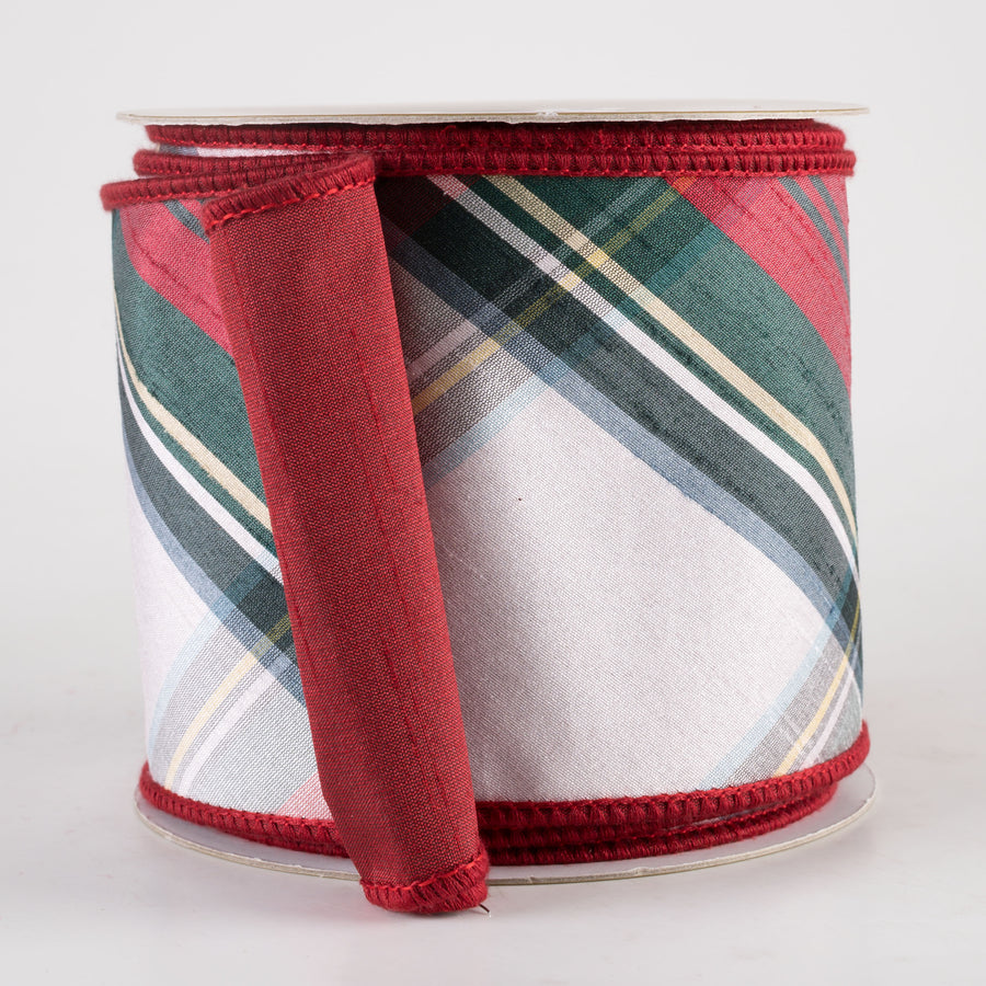 4" Designer Double Sided Plaid Ribbon: Red, White & Green (10 Yards)