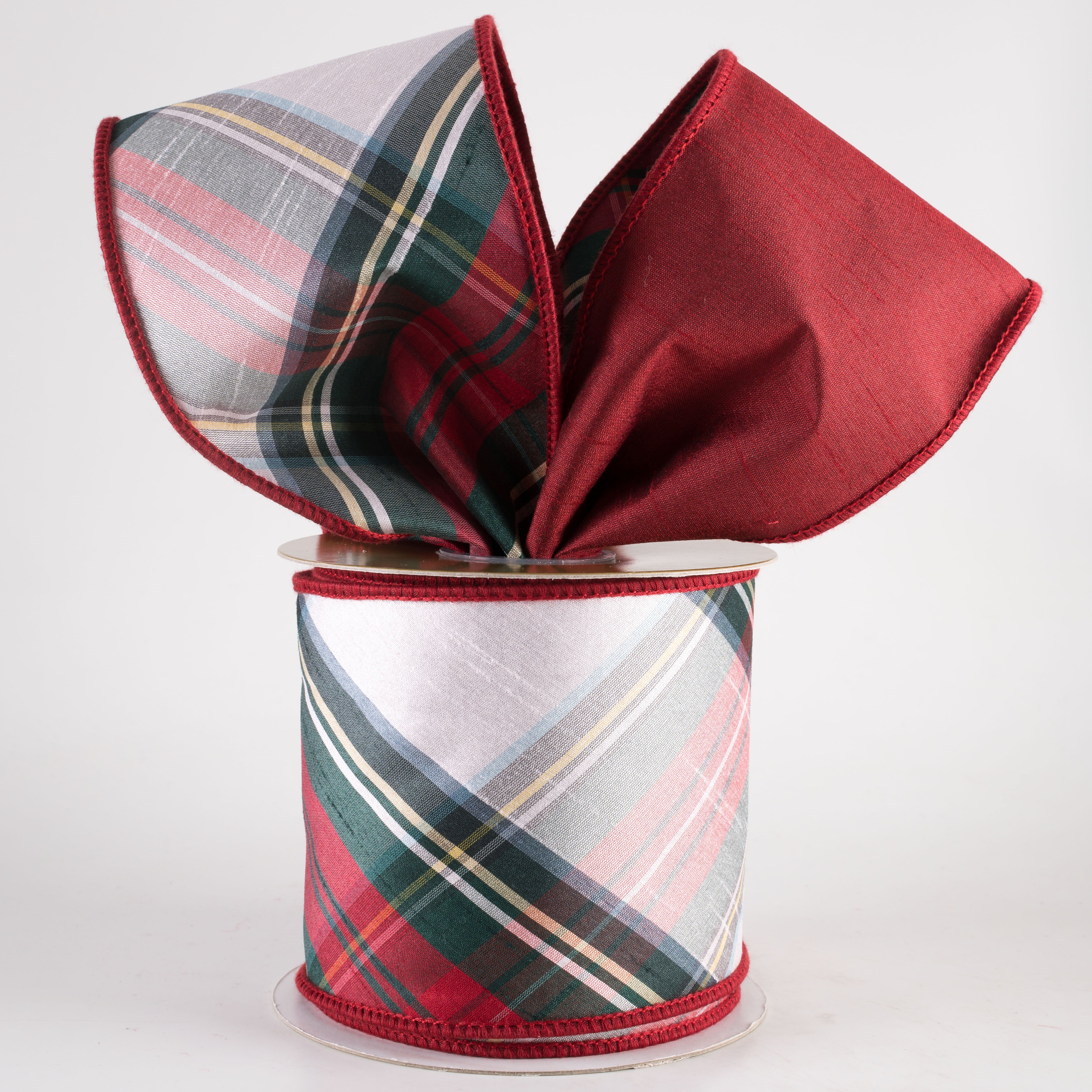4" Designer Double Sided Plaid Ribbon: Red, White & Green (10 Yards)