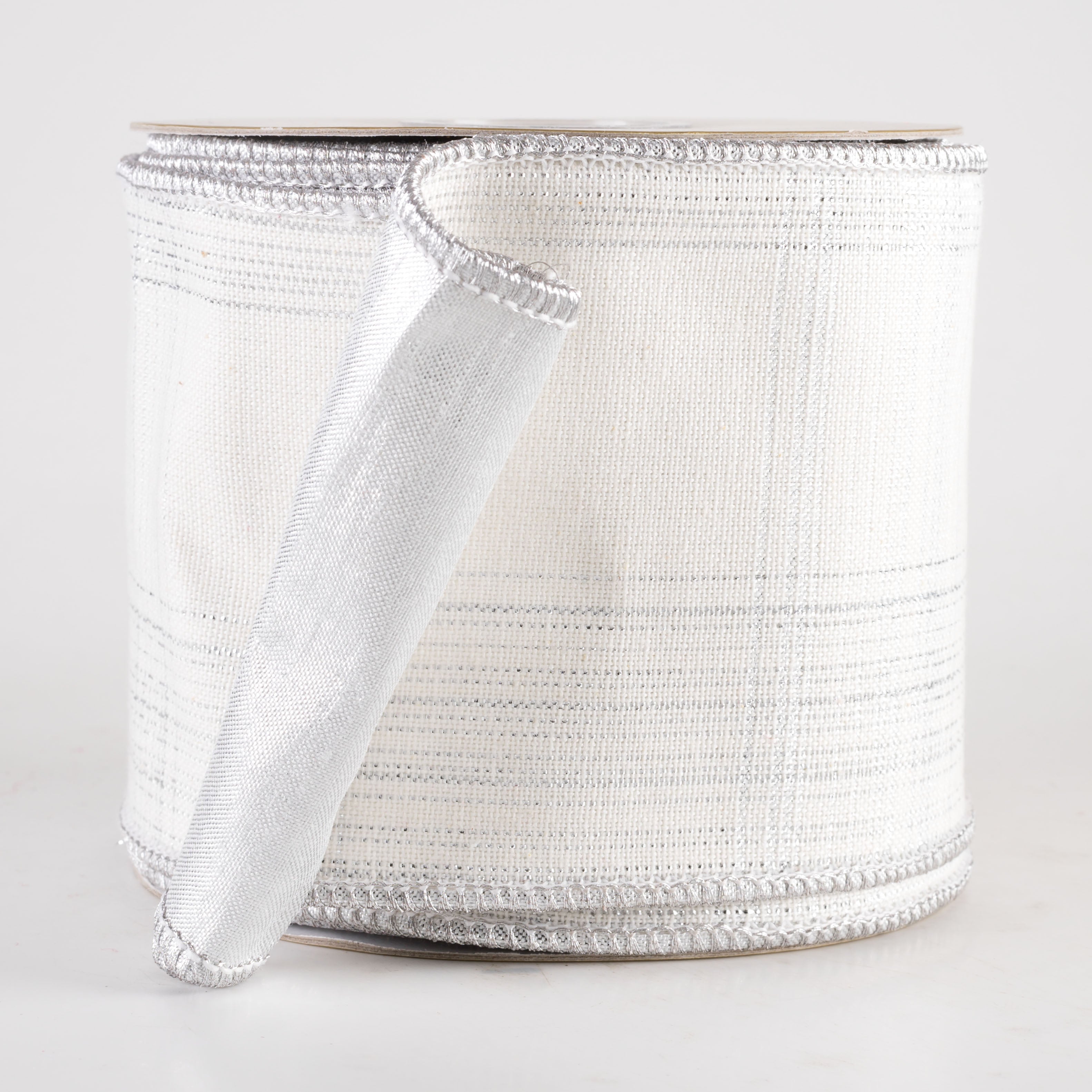4" Designer Double Sided Plaid Ribbon: Ivory & Platinum (10 Yards)