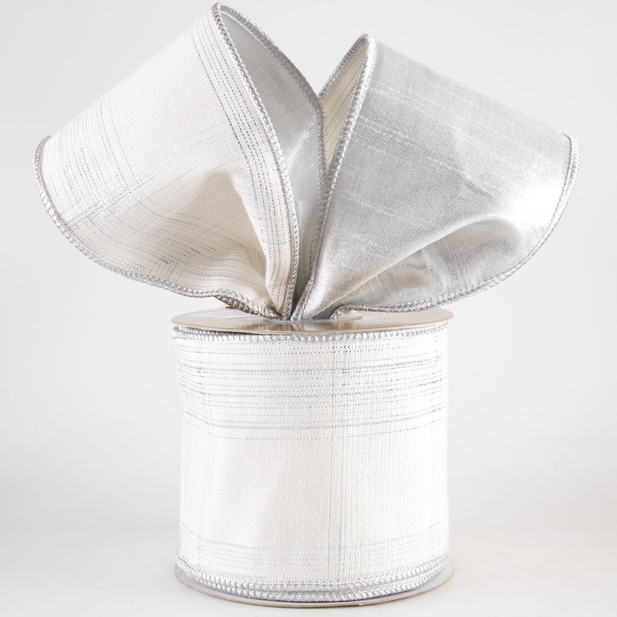 4" Designer Double Sided Plaid Ribbon: Ivory & Platinum (10 Yards)