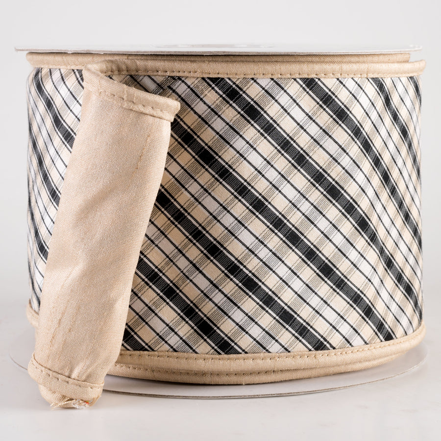 4" Designer Double Sided Plaid Ribbon: Black, White & Natural (10 Yards)