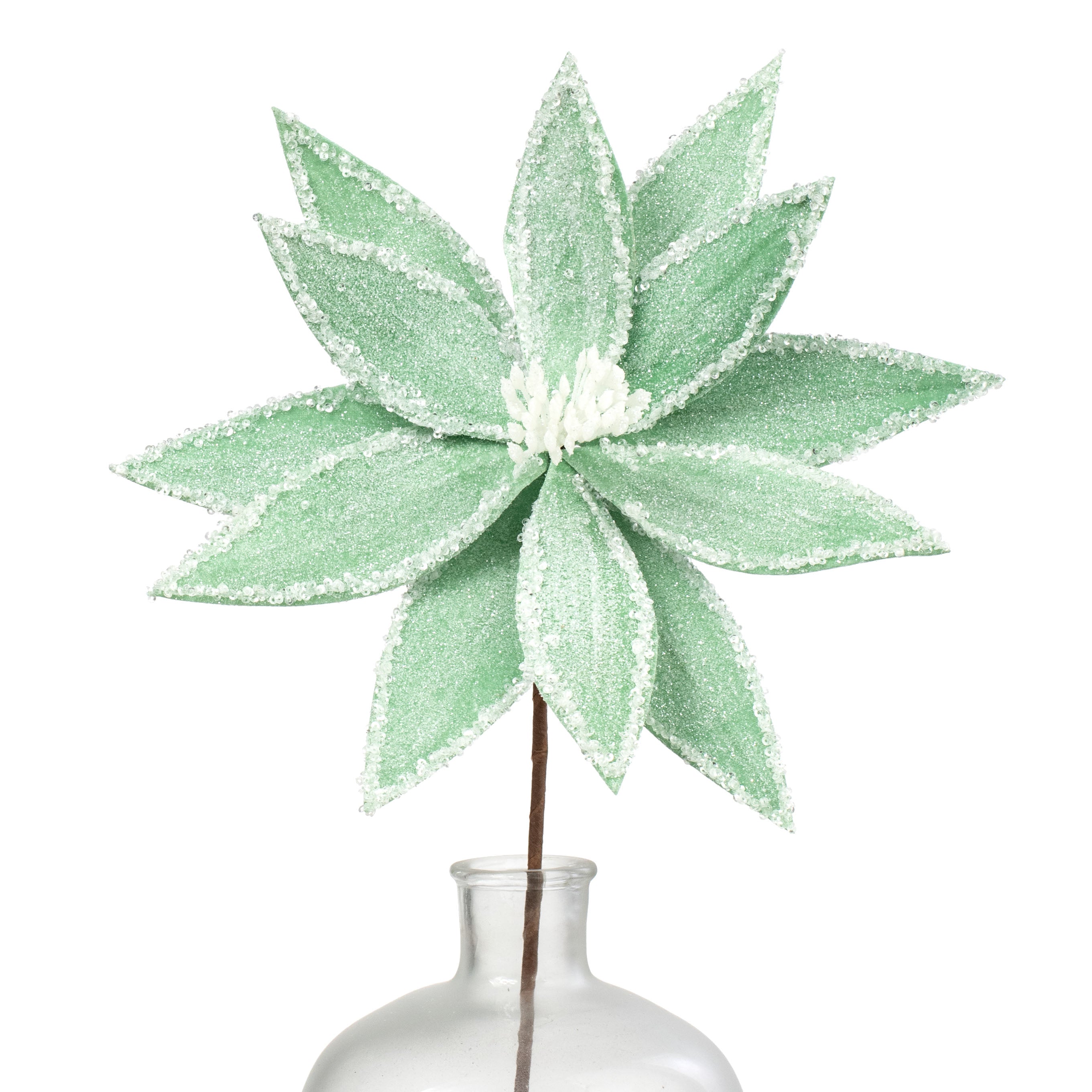 13" x 26" Frosted Poinsettia Flower Stem: Mint Green