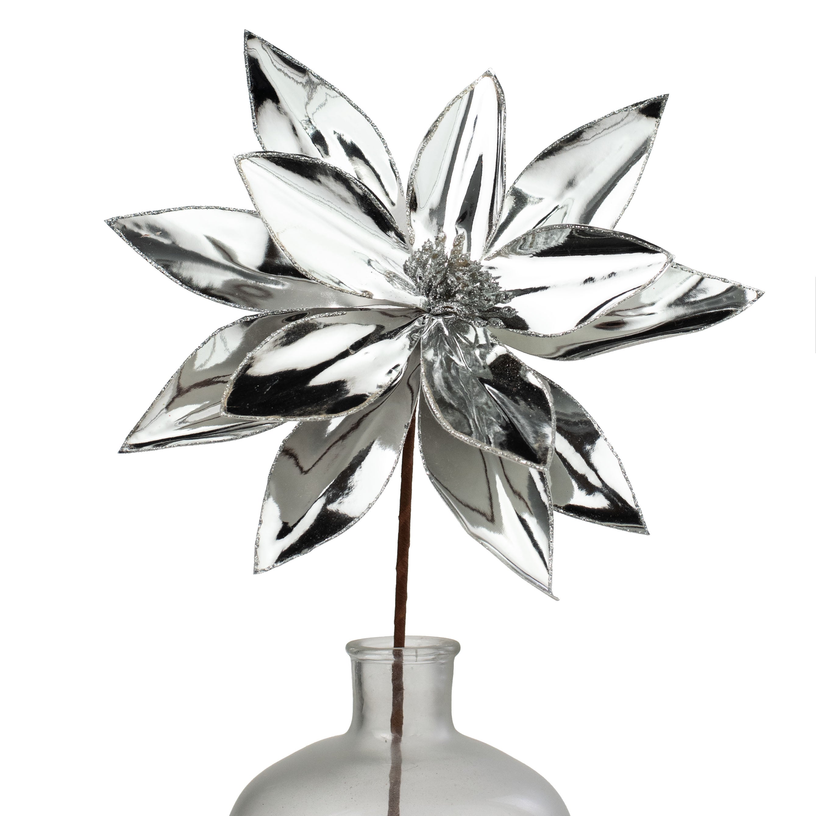 12" x 26" Metallic Poinsettia Stem: Mirror Silver