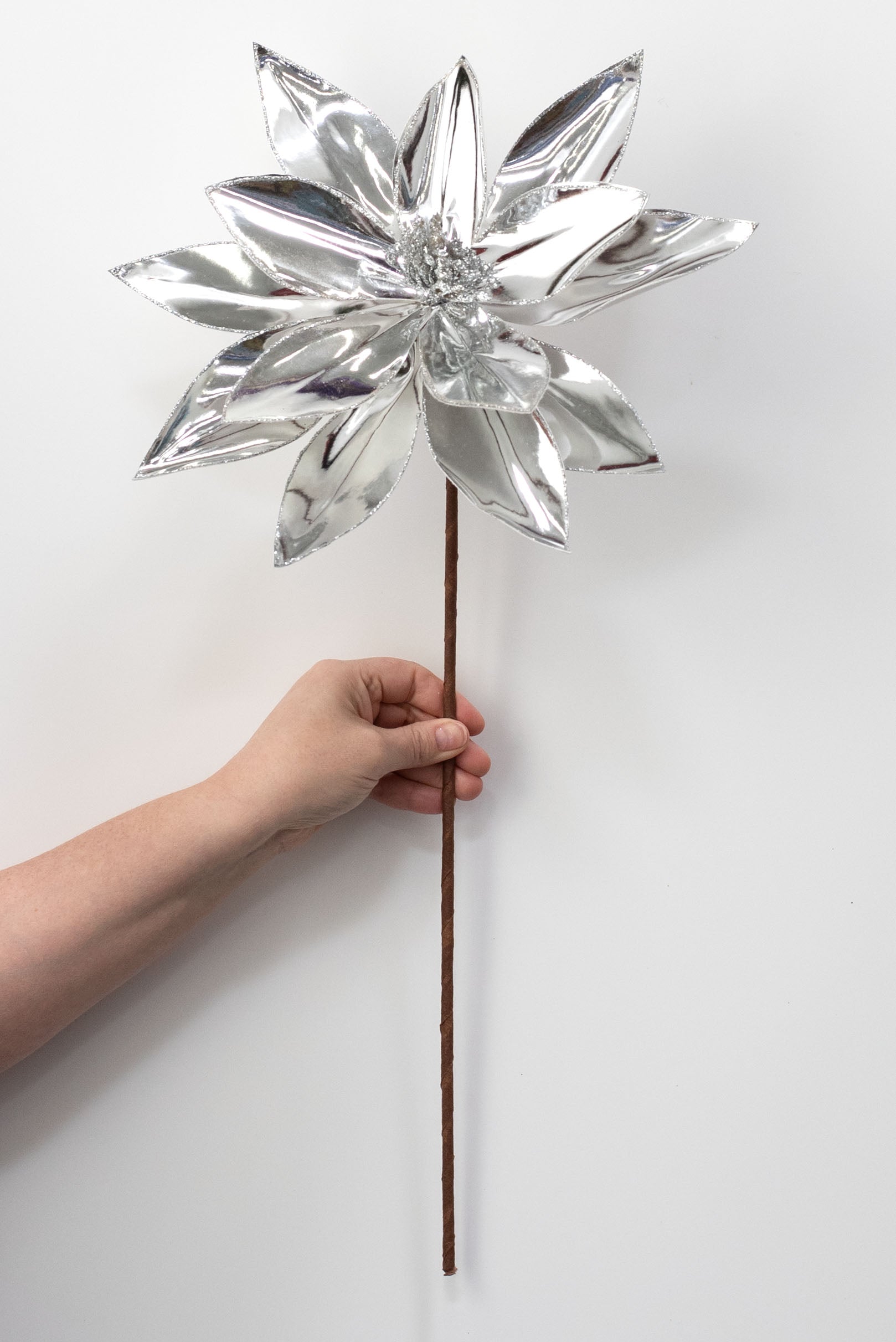 12" x 26" Metallic Poinsettia Stem: Mirror Silver