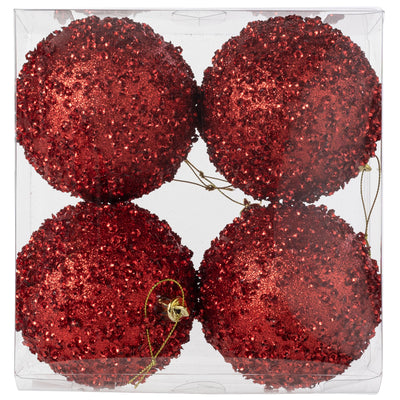 100mm Sequin & Glitter Ball Ornaments: Red (Box of 4)