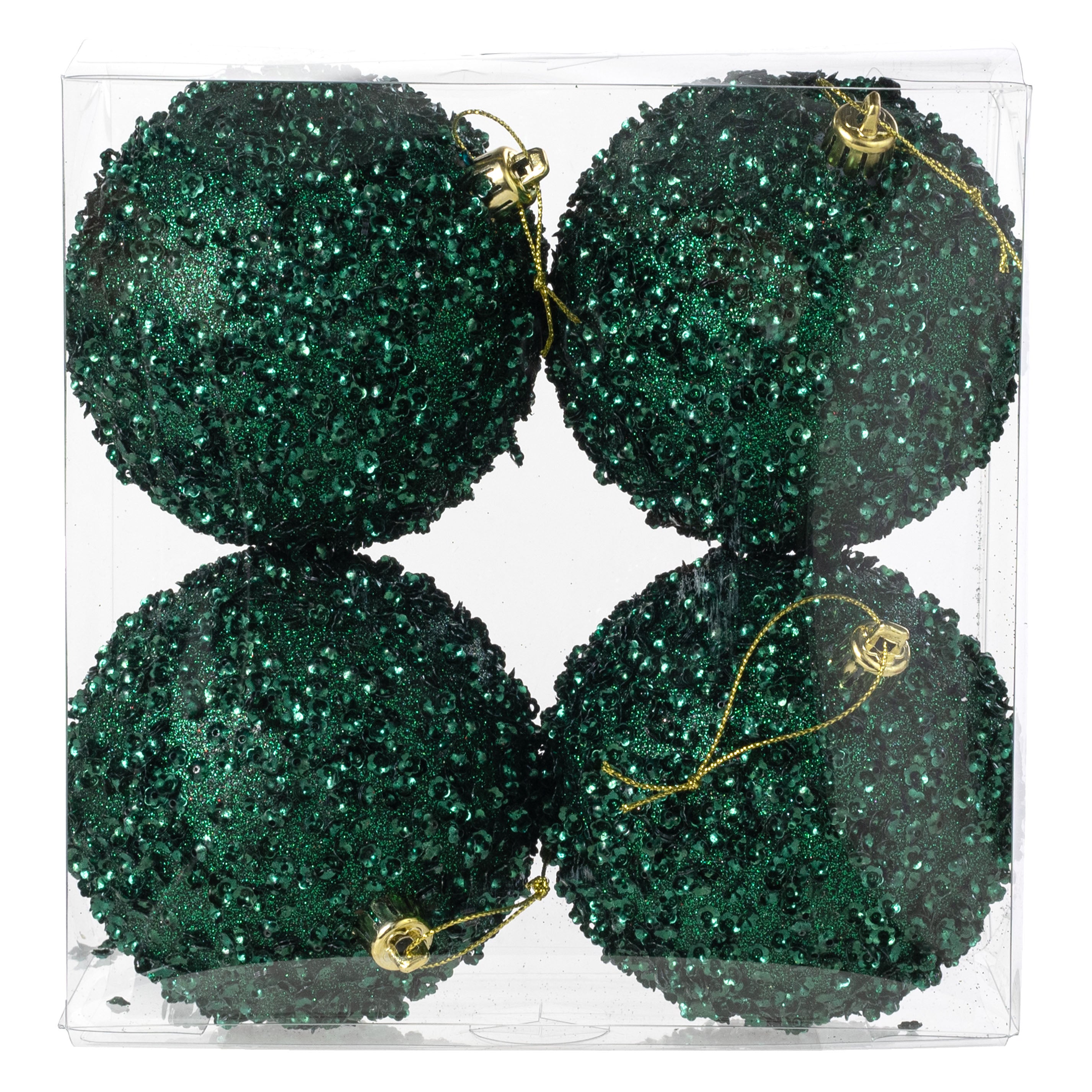 100mm Sequin & Glitter Ball Ornaments: Hunter Green (Box of 4)