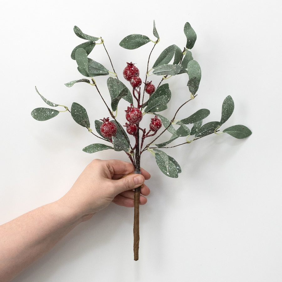 14" Frosted Red Berry & Mistletoe Leaves Spray