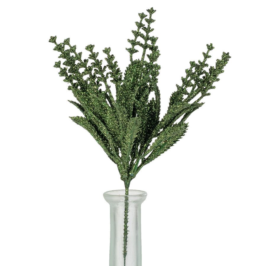 11" Glittered Flowering Leaf Pick: Moss Green