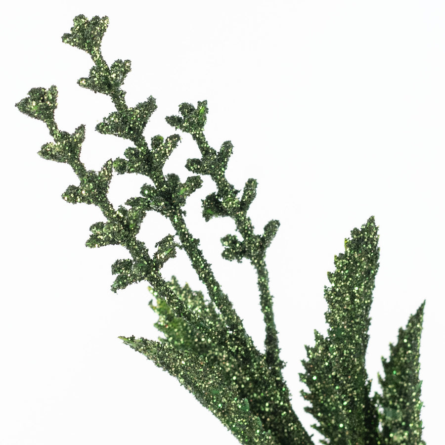 11" Glittered Flowering Leaf Pick: Moss Green