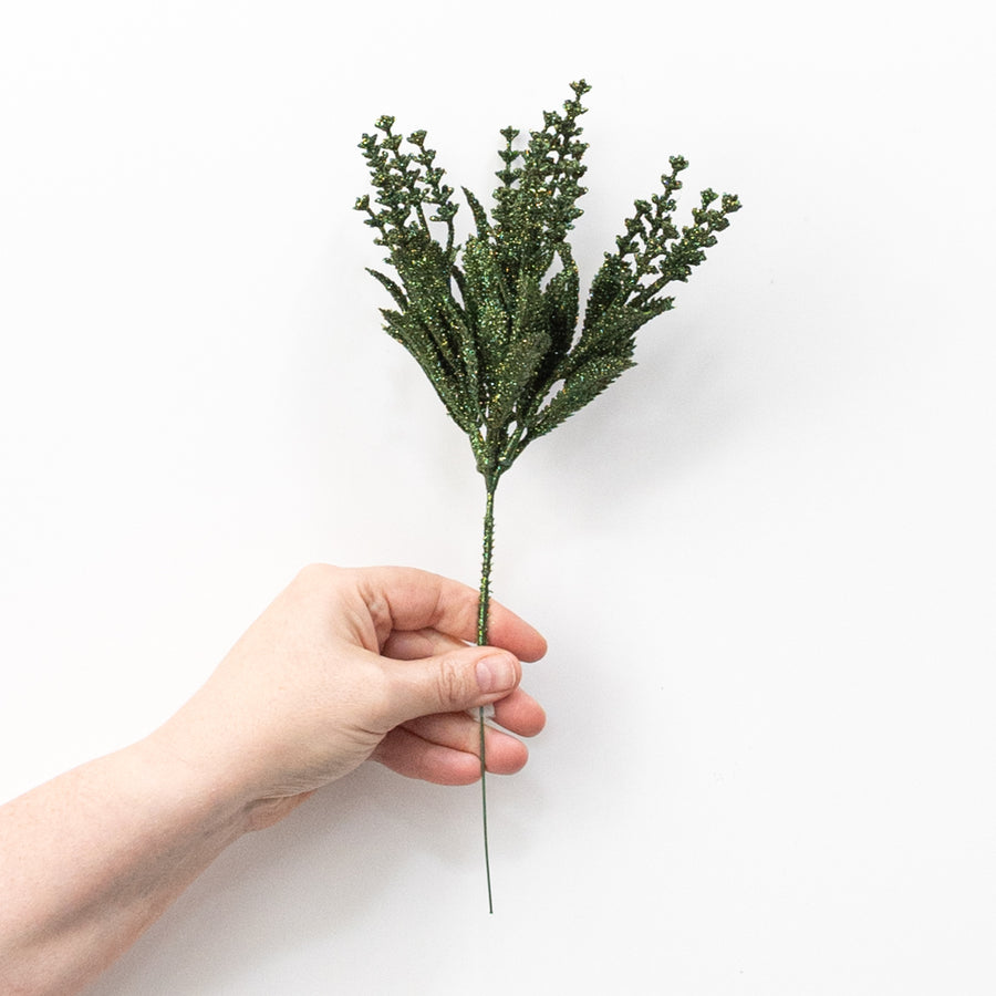 11" Glittered Flowering Leaf Pick: Moss Green