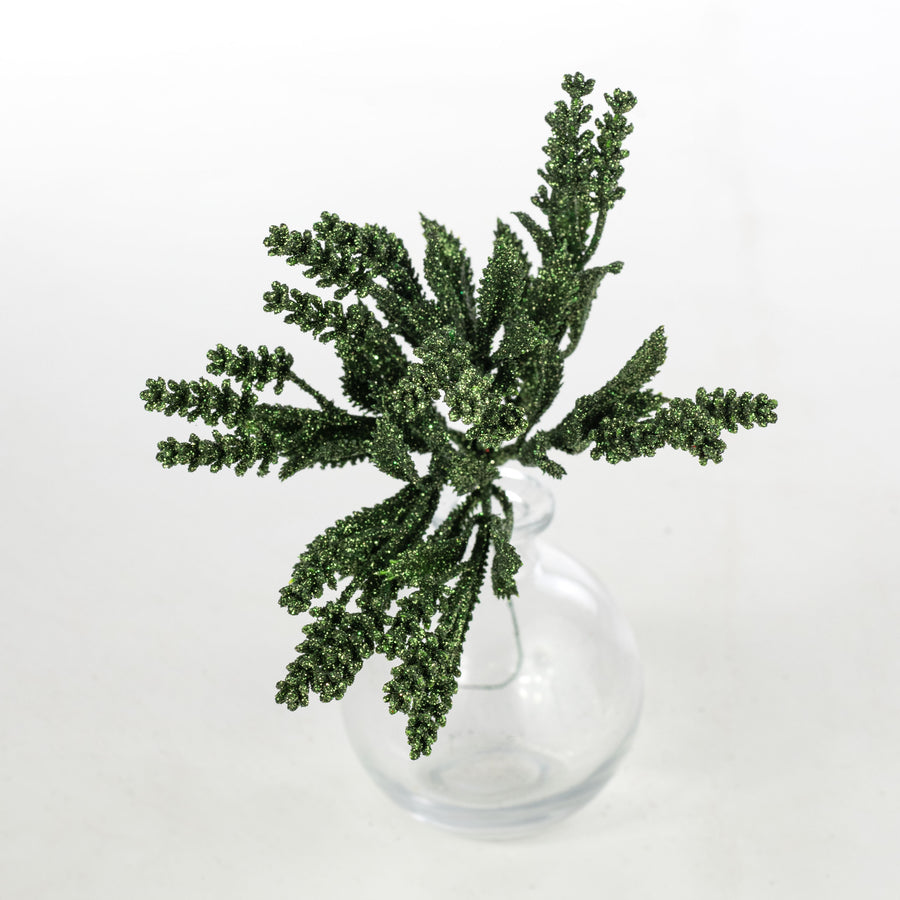 11" Glittered Flowering Leaf Pick: Moss Green