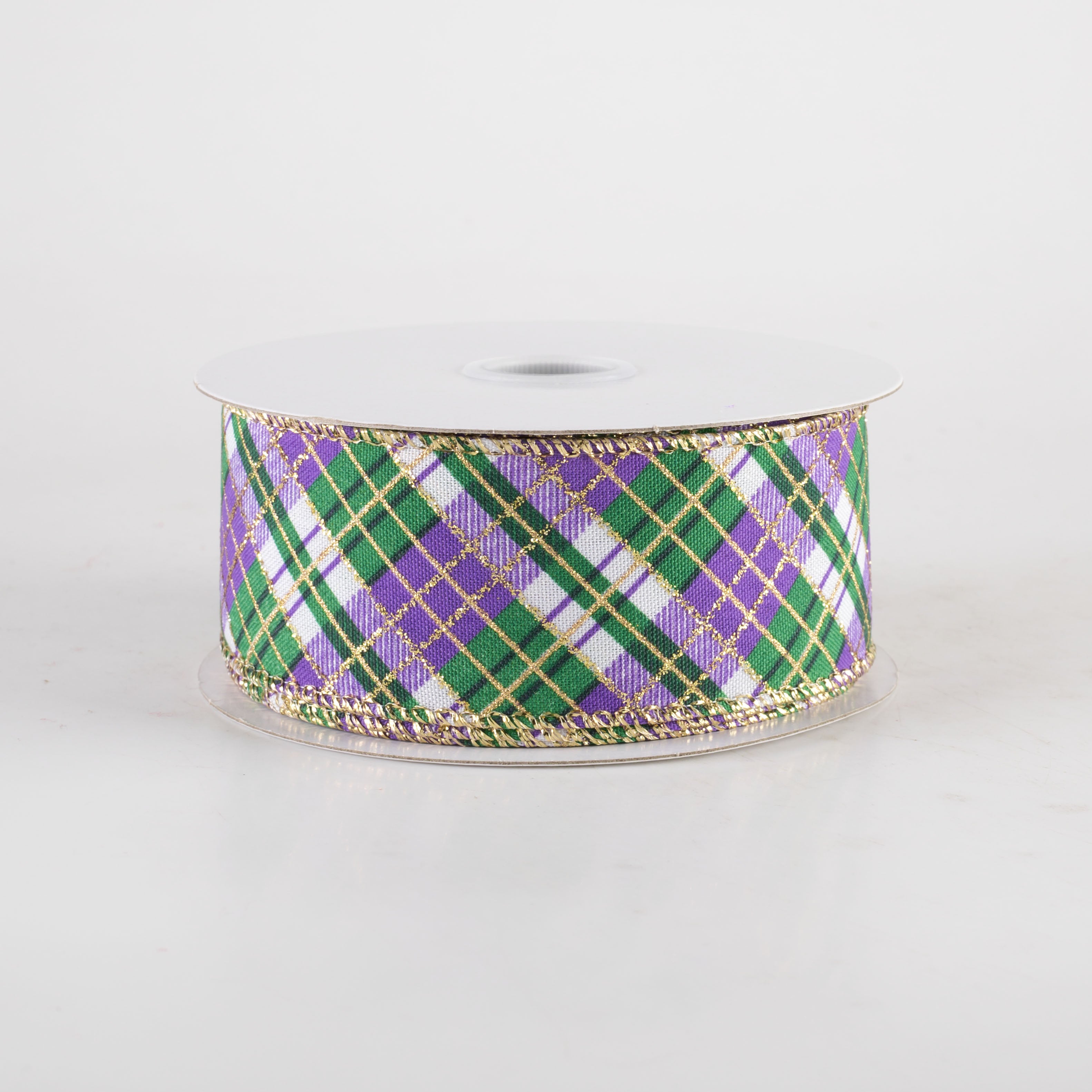 1.5" Glittered Busy Plaid Ribbon: Mardi Gras (10 Yards)