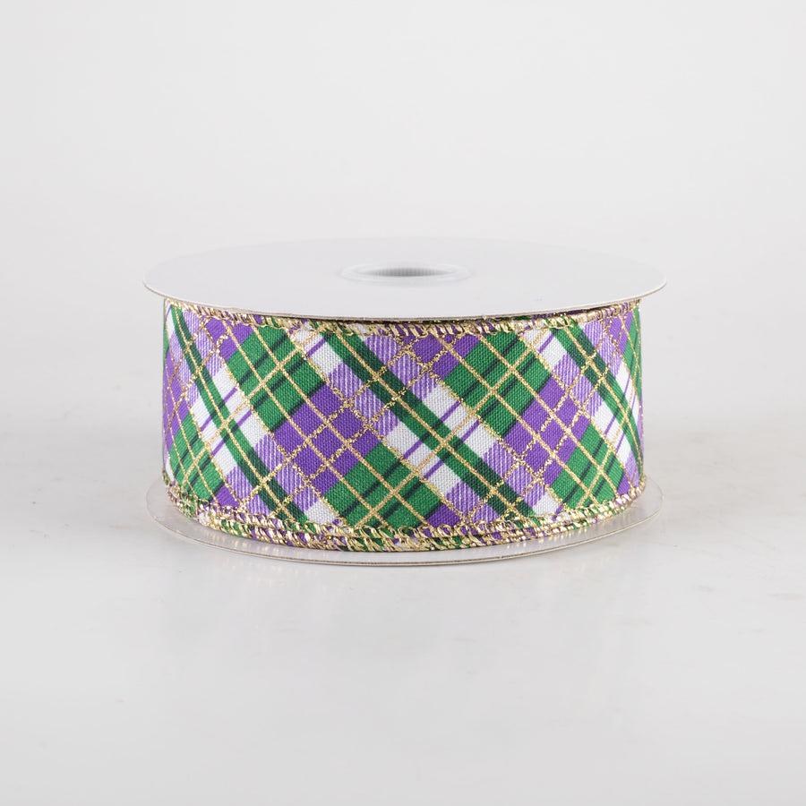 1.5" Glittered Busy Plaid Ribbon: Mardi Gras (10 Yards)