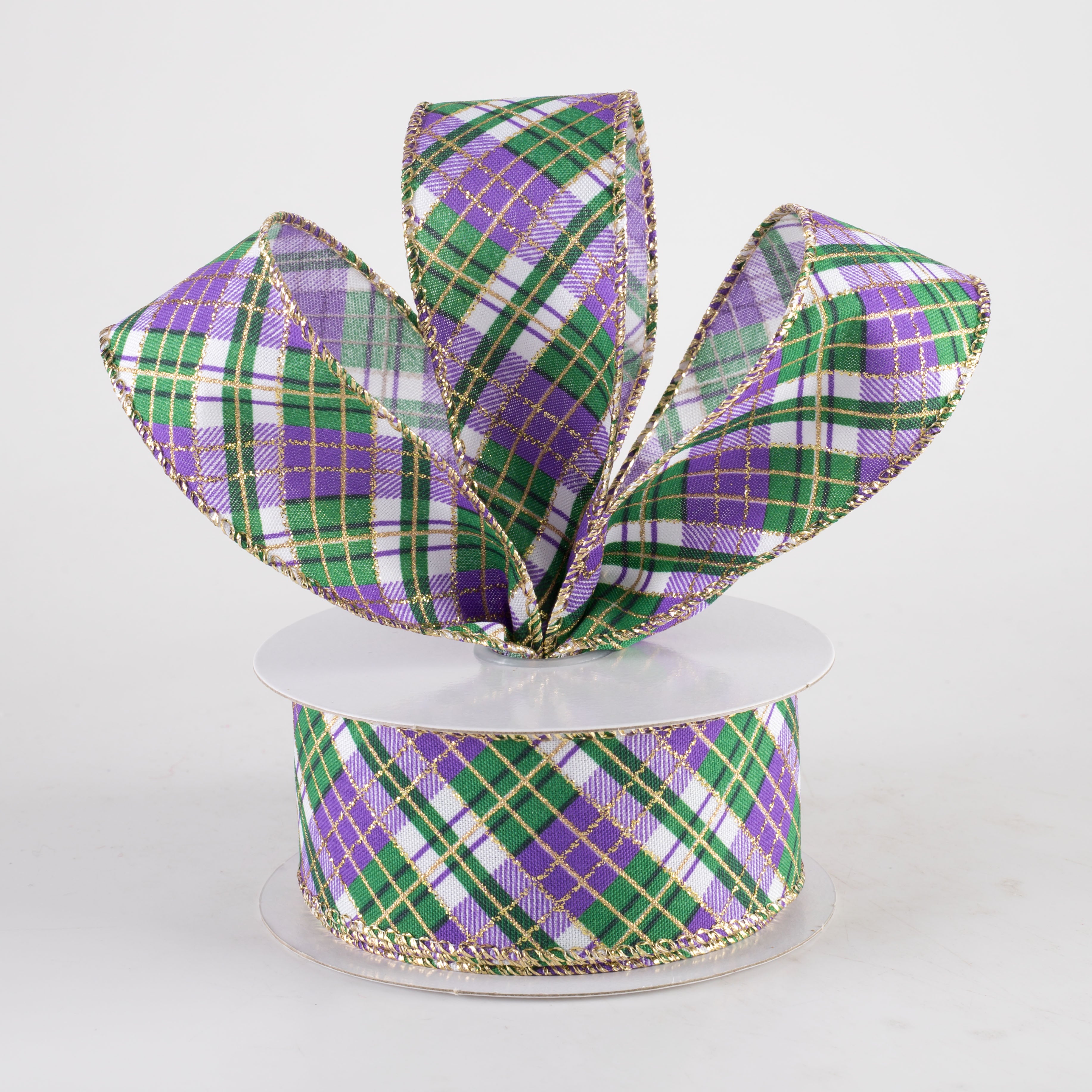 1.5" Glittered Busy Plaid Ribbon: Mardi Gras (10 Yards)