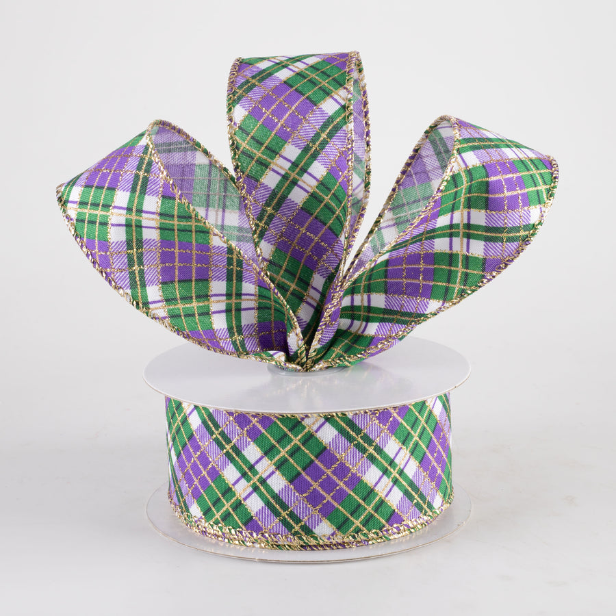 1.5" Glittered Busy Plaid Ribbon: Mardi Gras (10 Yards)
