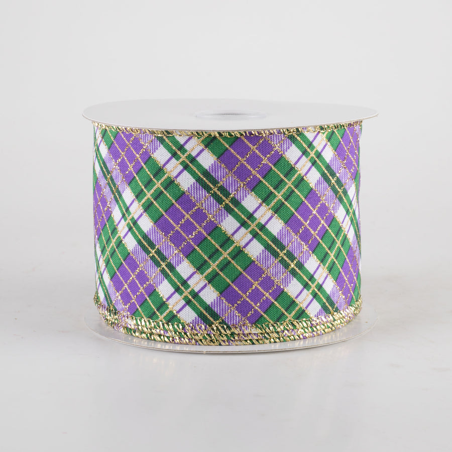 2.5" Glittered Busy Plaid Ribbon: Mardi Gras (10 Yards)
