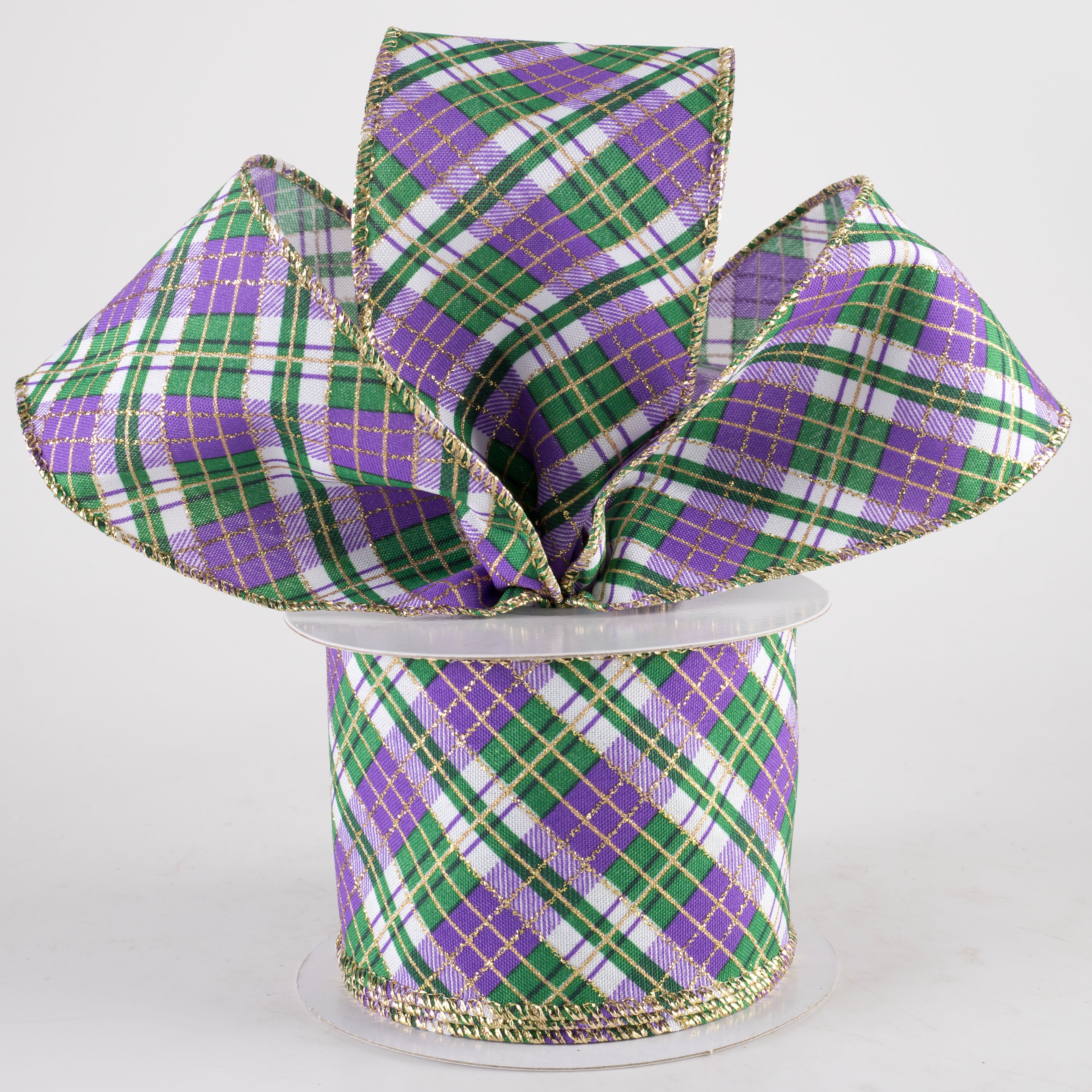 2.5" Glittered Busy Plaid Ribbon: Mardi Gras (10 Yards)