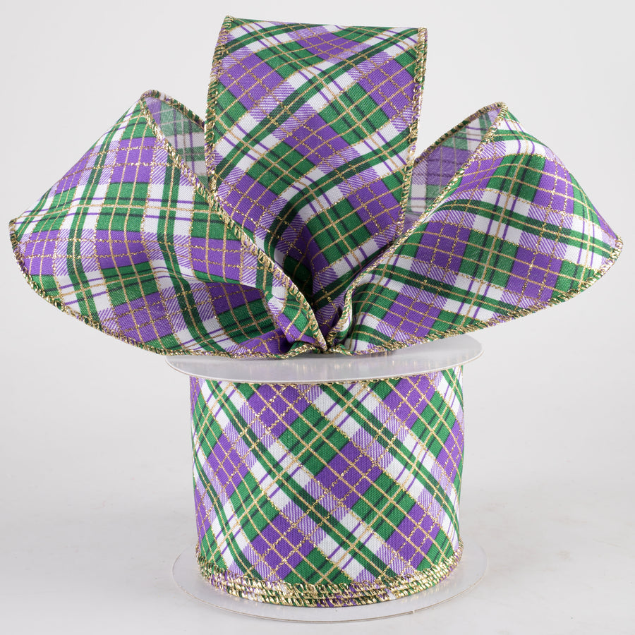 2.5" Glittered Busy Plaid Ribbon: Mardi Gras (10 Yards)
