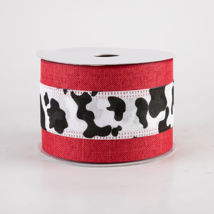 2.5" Linen Cow Print with Edge Ribbon: Red (10 Yards)