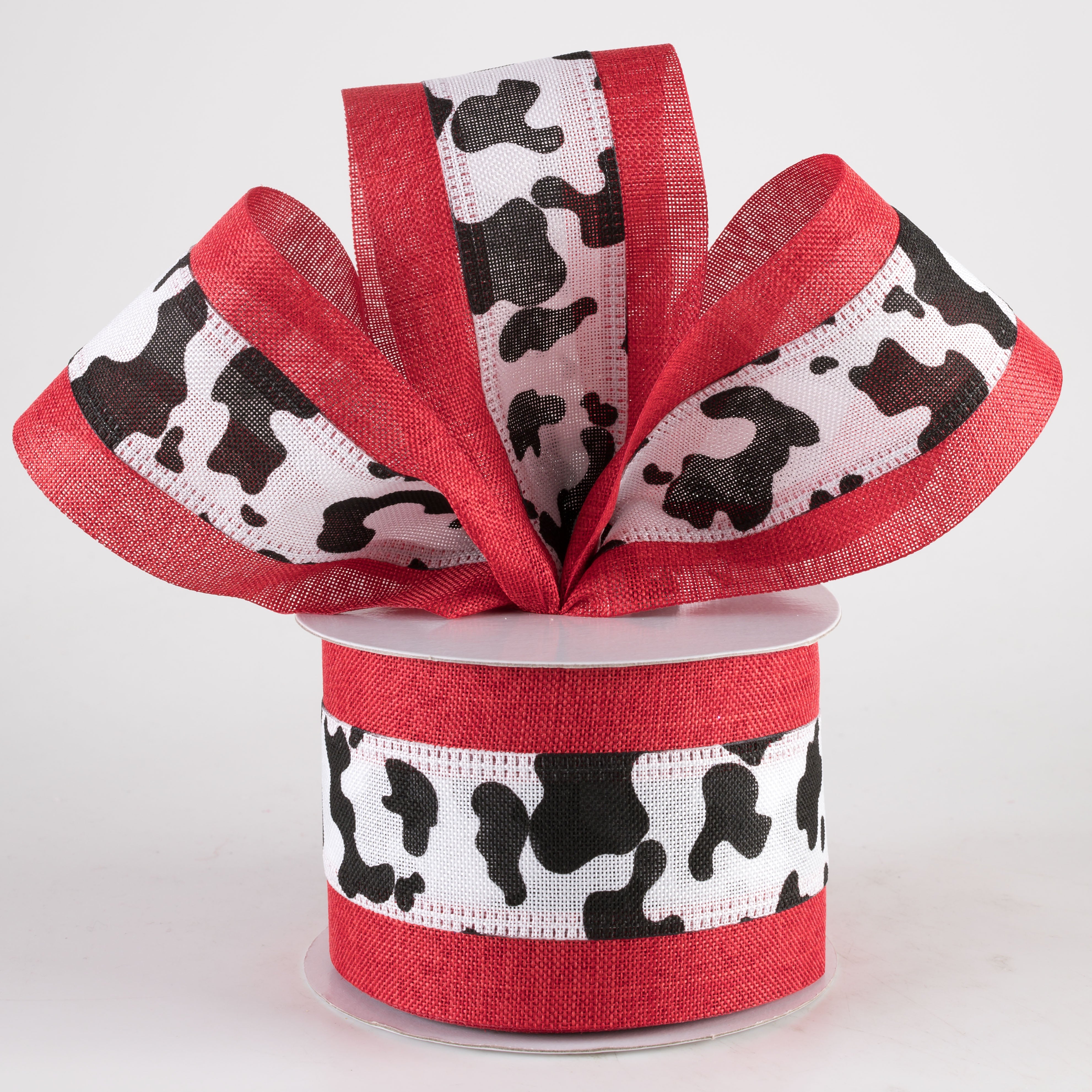 2.5" Linen Cow Print with Edge Ribbon: Red (10 Yards)