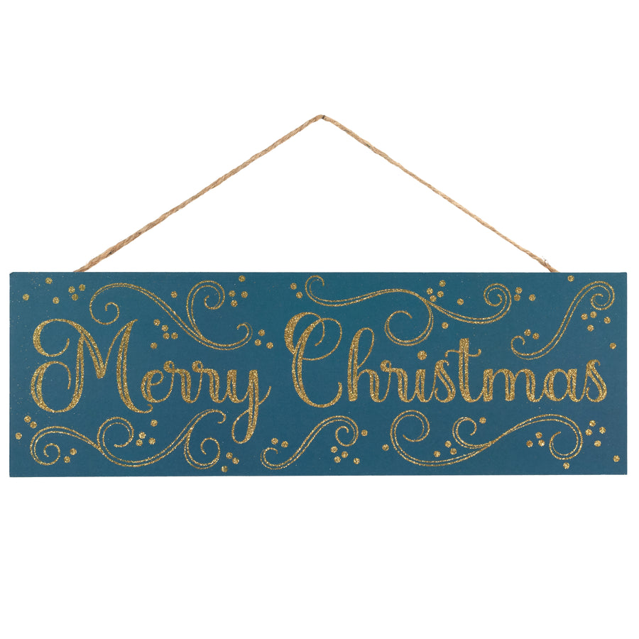 15" Wooden Sign: Merry Christmas Glitter Swirls - Teal & Gold