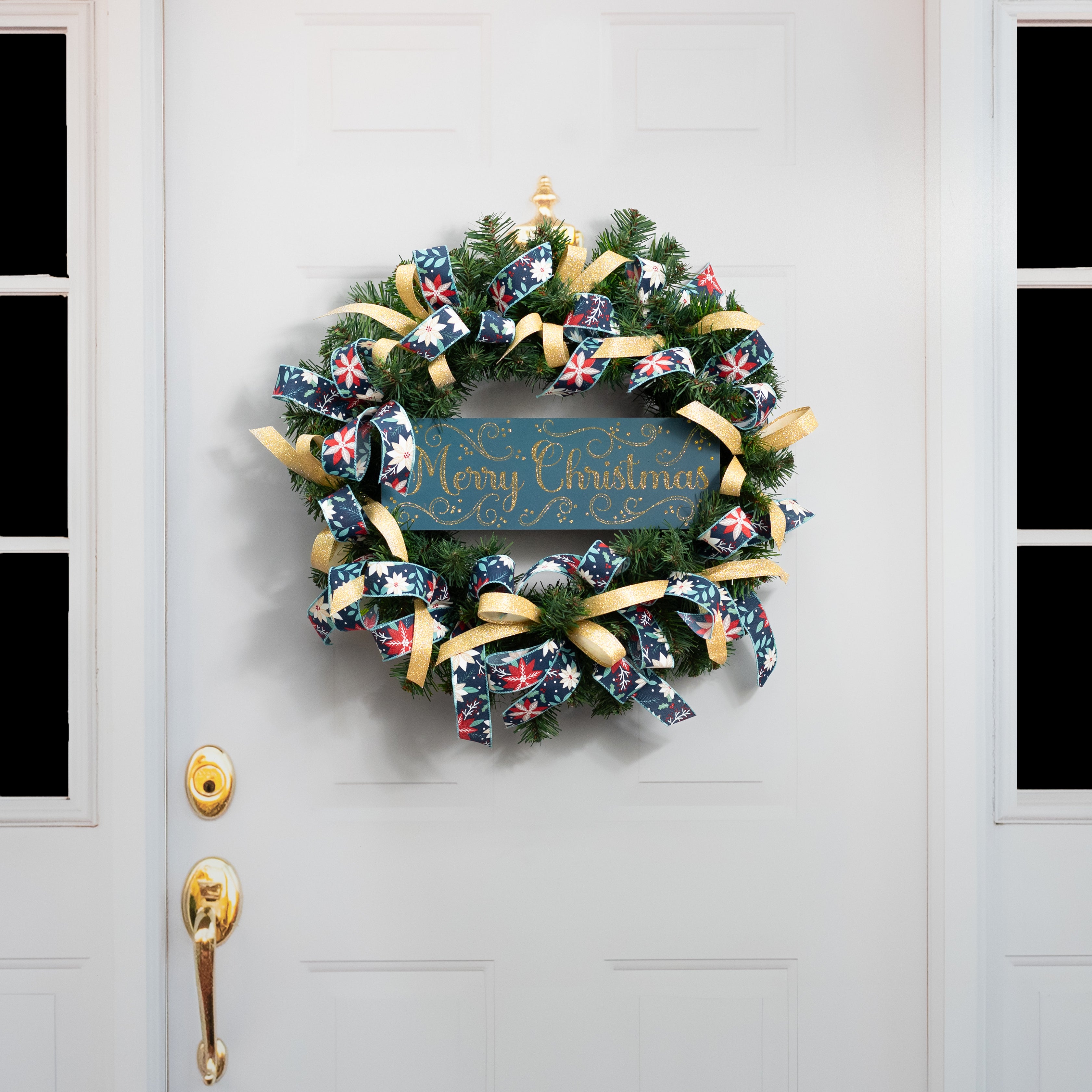 15" Wooden Sign: Merry Christmas Glitter Swirls - Teal & Gold